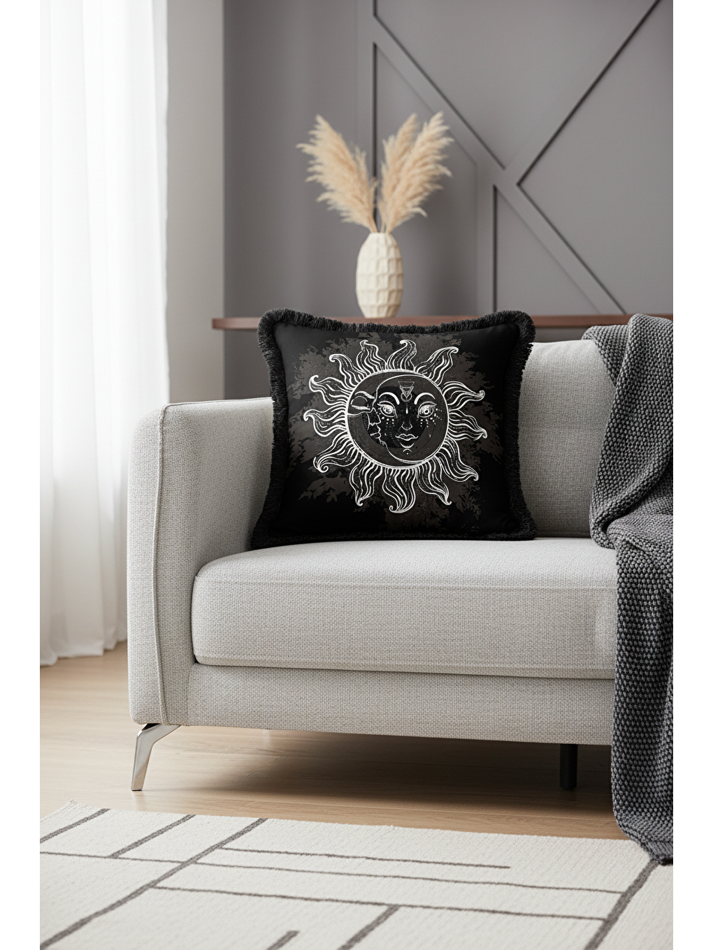 Karışık Mistisizmin Işıltısı Saçaklı Yastık Kılıfı - Güneş Ay Motifli Bohem Siyah Püsküllü Kırlent Kılıfı-4
