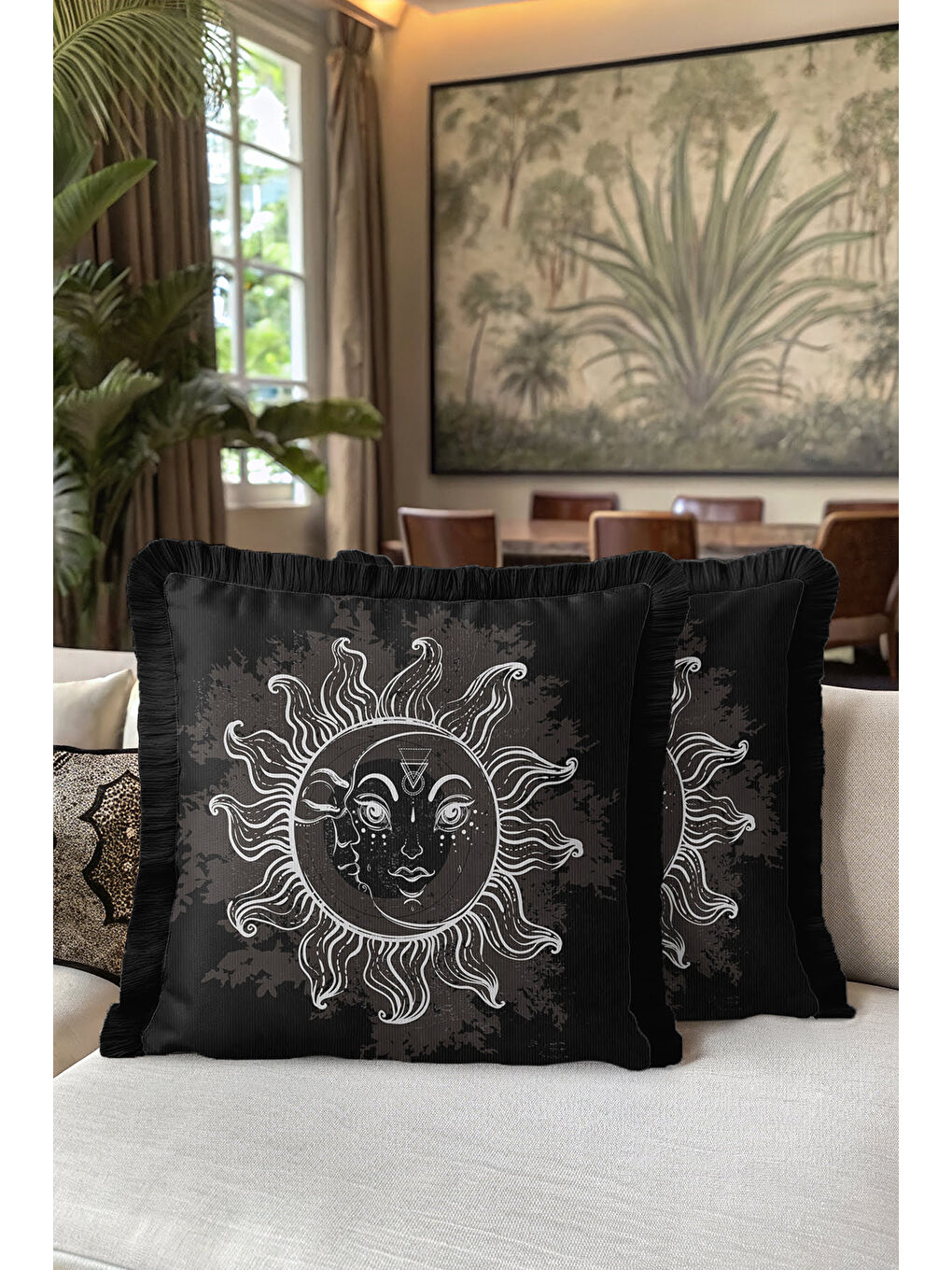 Karışık Mistisizmin Işıltısı Saçaklı Yastık Kılıfı - Güneş Ay Motifli Bohem Siyah Püsküllü Kırlent Kılıfı-5
