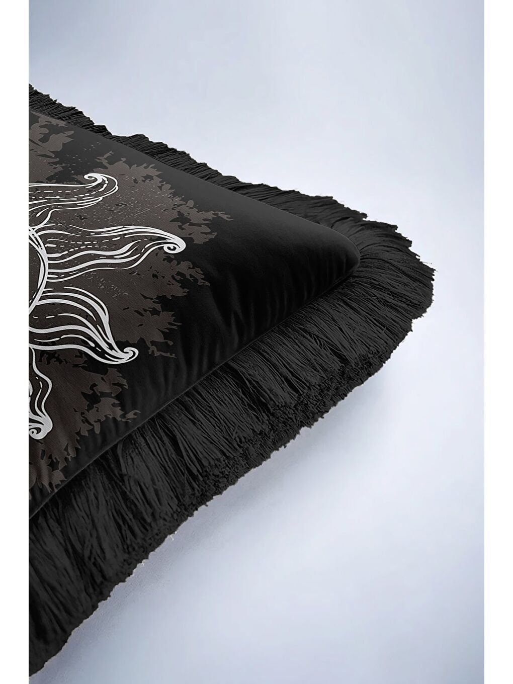 Karışık Mistisizmin Işıltısı Saçaklı Yastık Kılıfı - Güneş Ay Motifli Bohem Siyah Püsküllü Kırlent Kılıfı-6