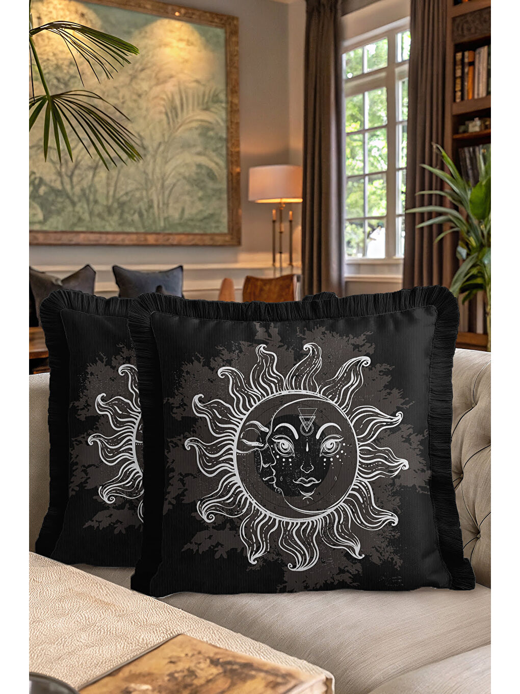 Karışık Mistisizmin Işıltısı Saçaklı Yastık Kılıfı - Güneş Ay Motifli Bohem Siyah Püsküllü Kırlent Kılıfı-7
