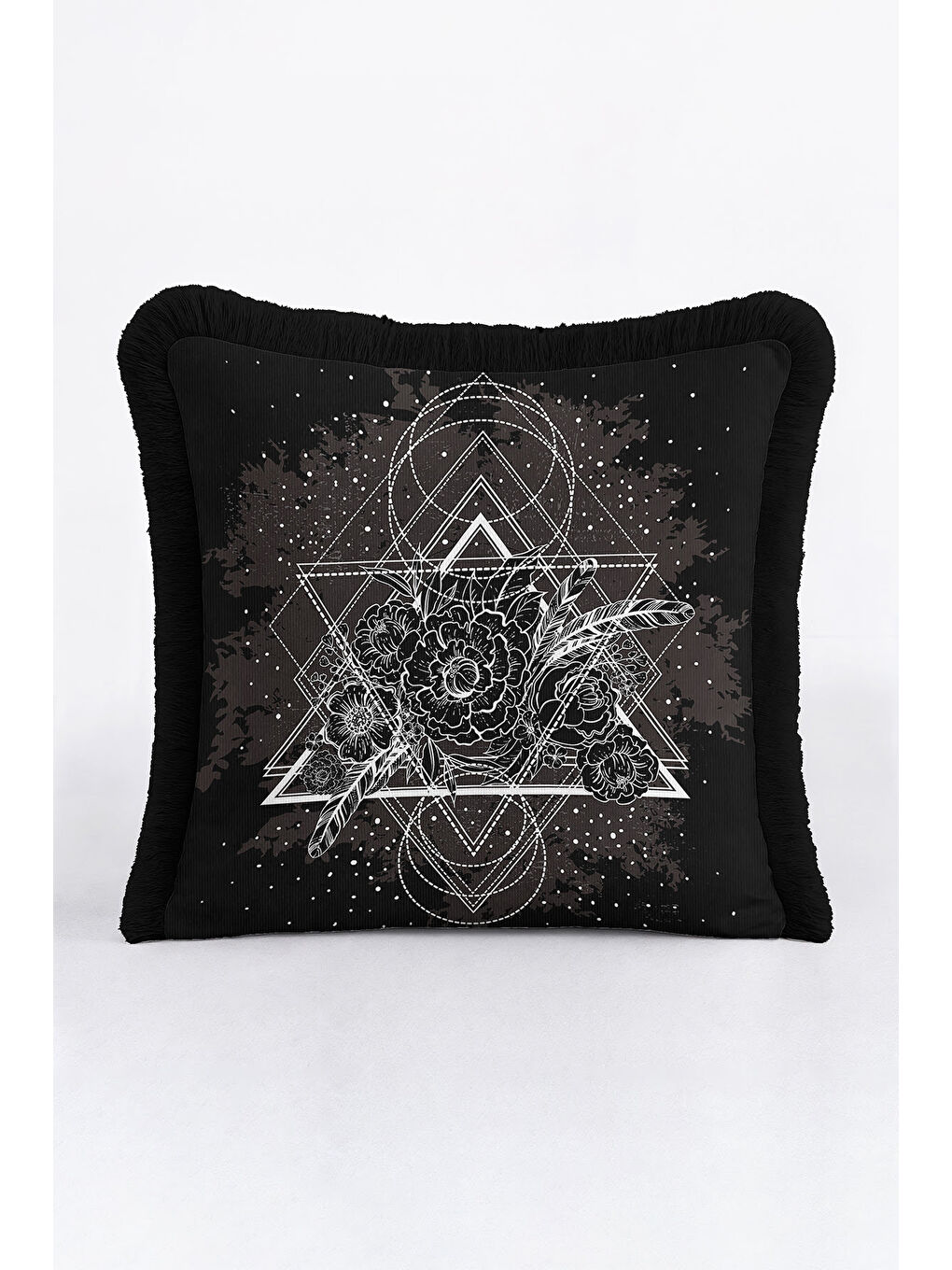 Karışık Geometrik Çizgi Sanatı Saçaklı Yastık Kılıfı - Siyah Bohem Çiçekli Gri Püsküllü Kırlent Kılıfı