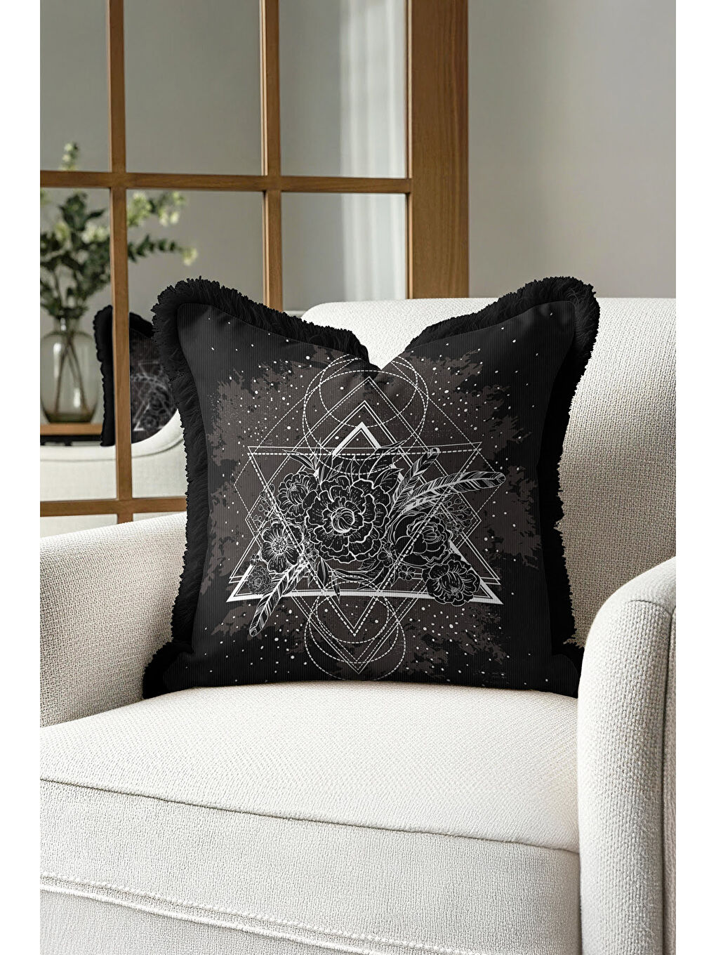 Karışık Geometrik Çizgi Sanatı Saçaklı Yastık Kılıfı - Siyah Bohem Çiçekli Gri Püsküllü Kırlent Kılıfı-1