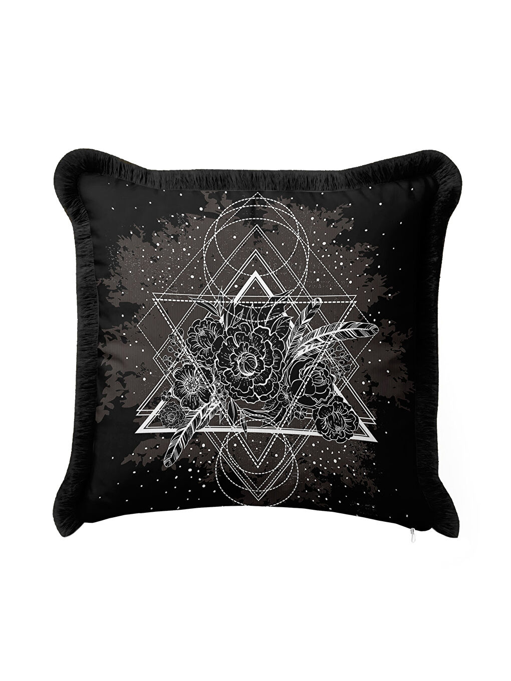 Karışık Geometrik Çizgi Sanatı Saçaklı Yastık Kılıfı - Siyah Bohem Çiçekli Gri Püsküllü Kırlent Kılıfı-3