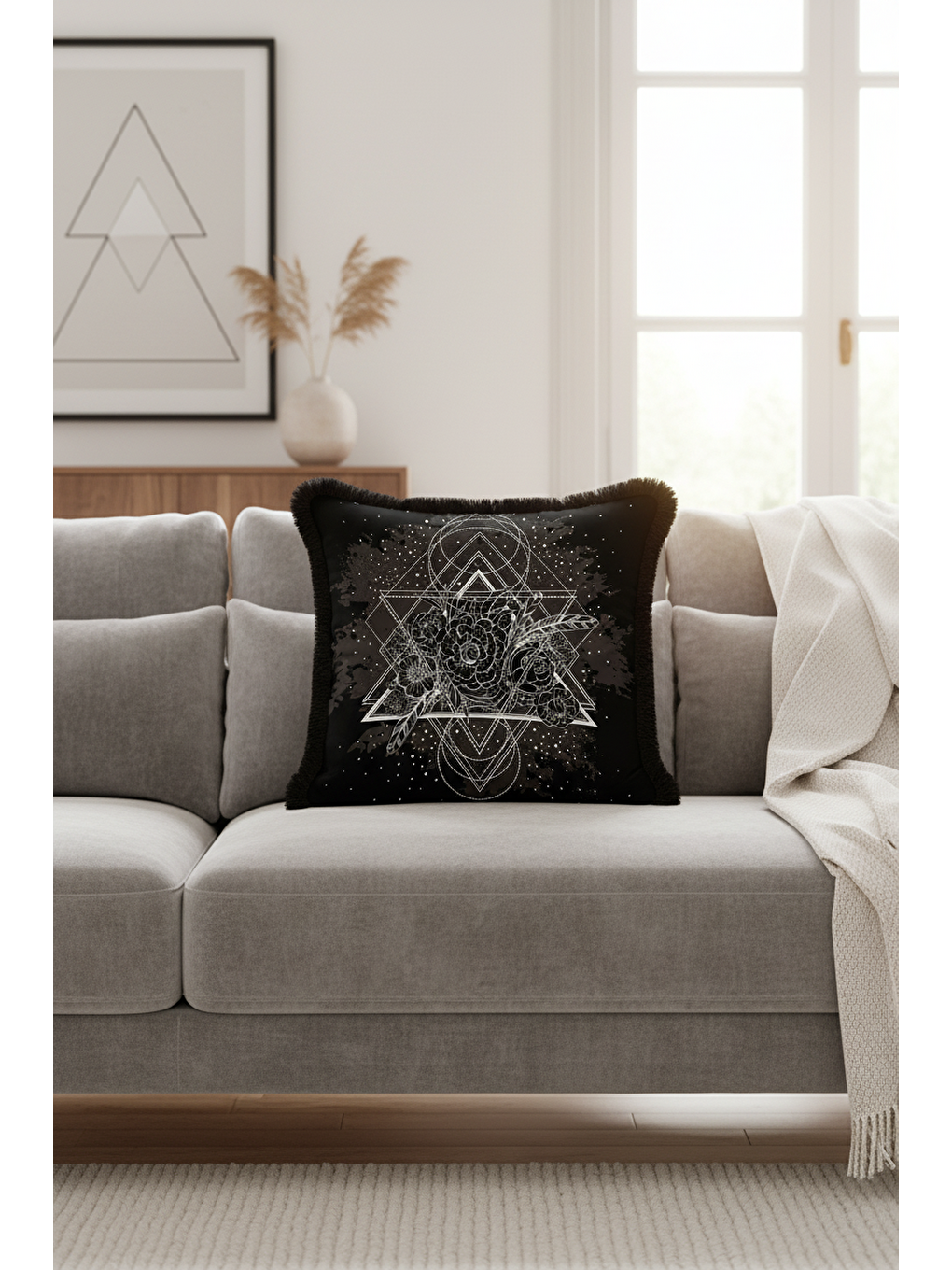 Karışık Geometrik Çizgi Sanatı Saçaklı Yastık Kılıfı - Siyah Bohem Çiçekli Gri Püsküllü Kırlent Kılıfı-4