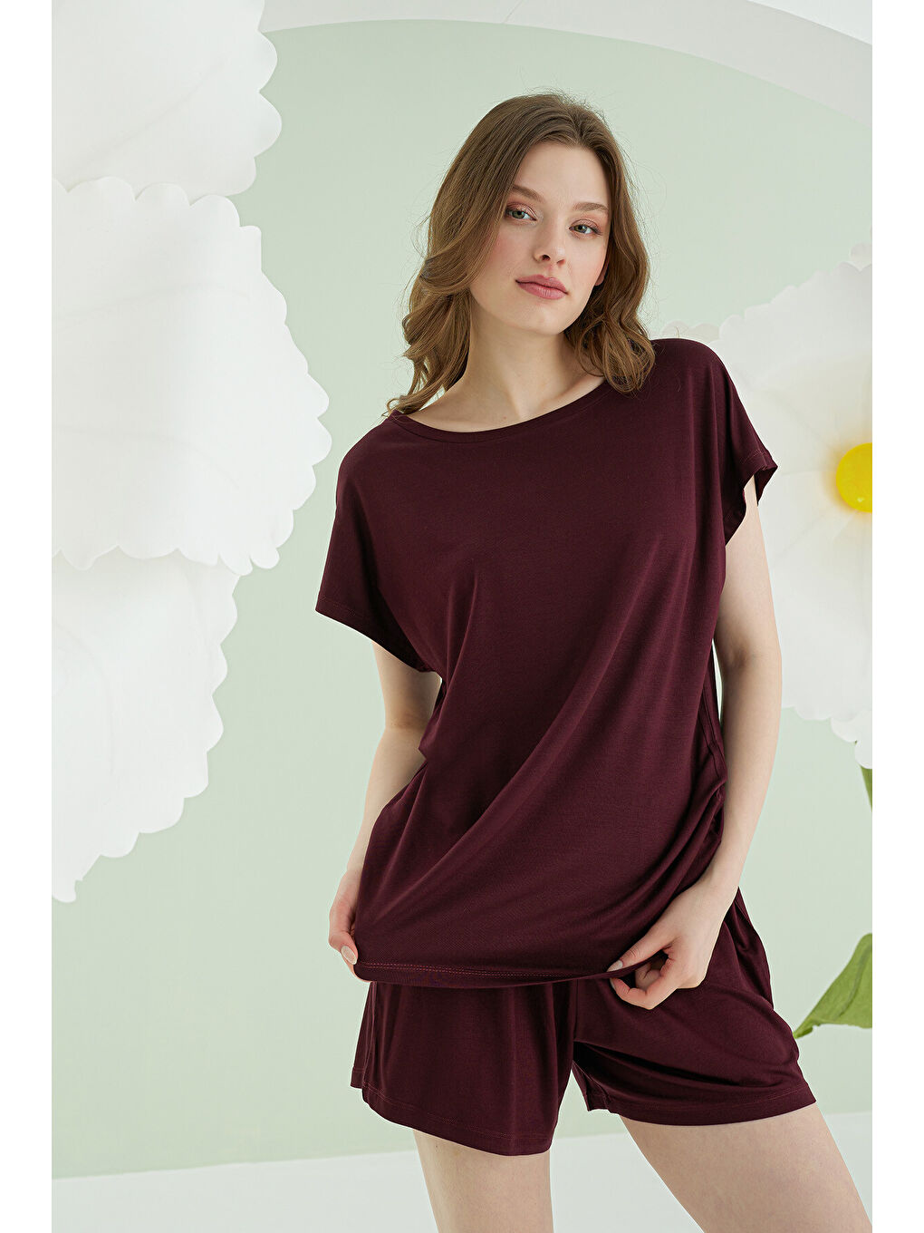 Bordo Aria Viskon Şortlu Pijama Takımı