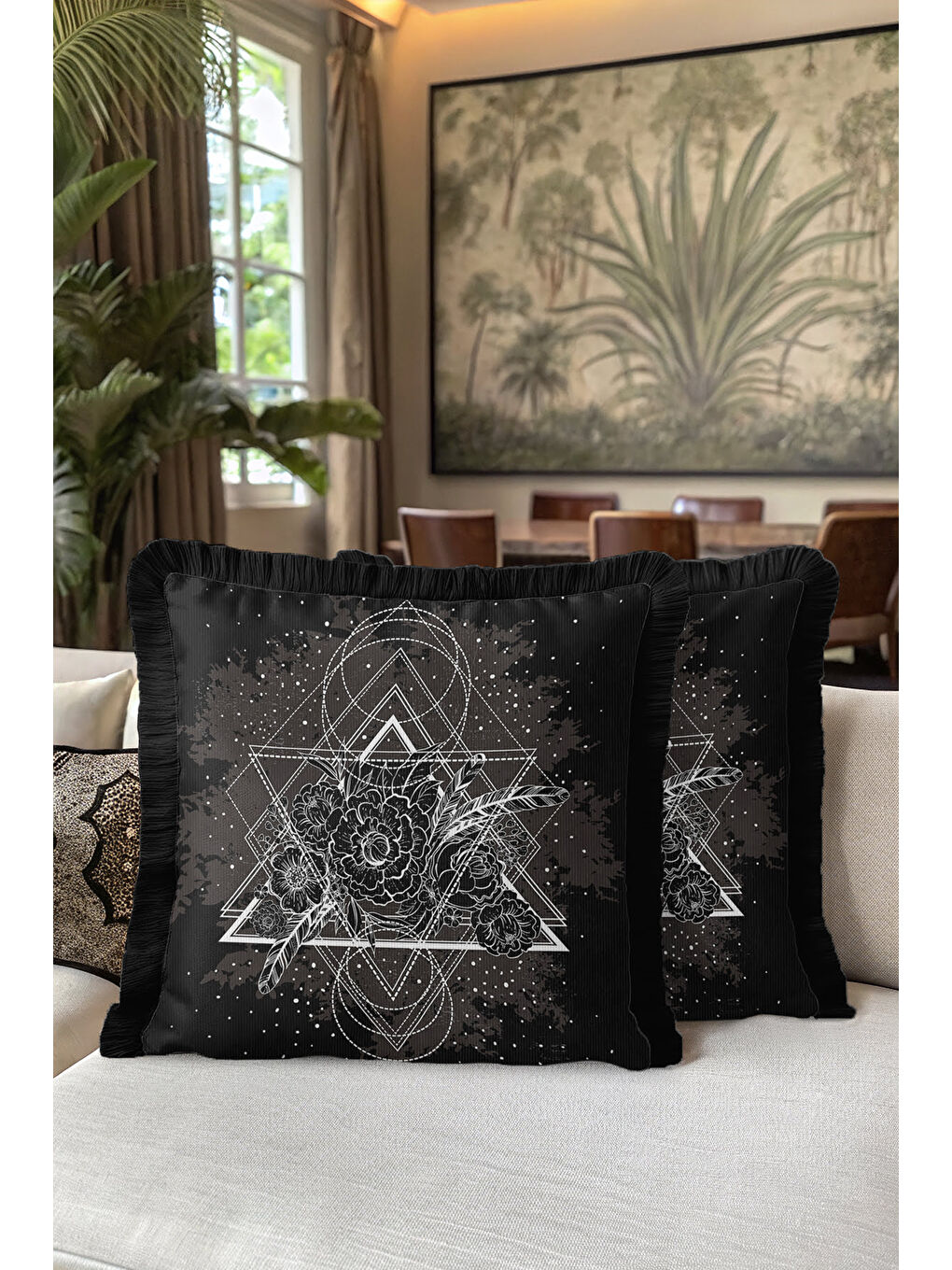 Karışık Geometrik Çizgi Sanatı Saçaklı Yastık Kılıfı - Siyah Bohem Çiçekli Gri Püsküllü Kırlent Kılıfı-5