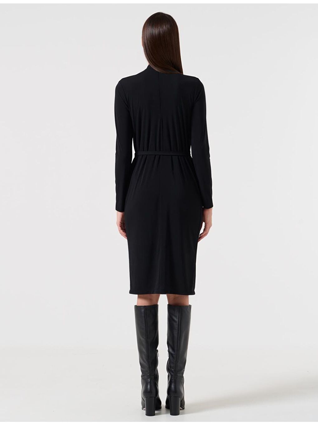 Siyah Bol Kesim Dik Yaka Uzun Kollu Midi Elbise-4