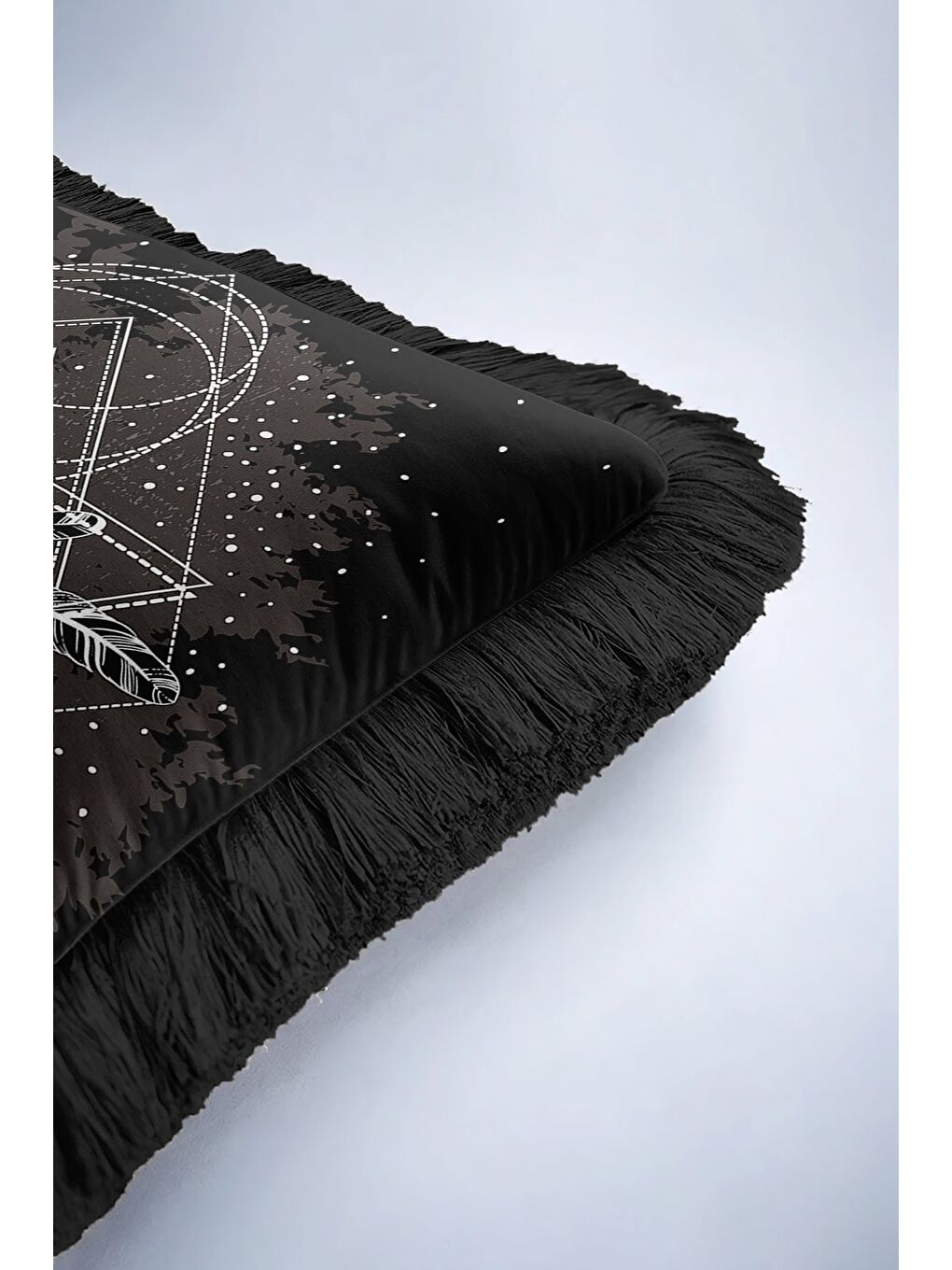 Karışık Geometrik Çizgi Sanatı Saçaklı Yastık Kılıfı - Siyah Bohem Çiçekli Gri Püsküllü Kırlent Kılıfı-6