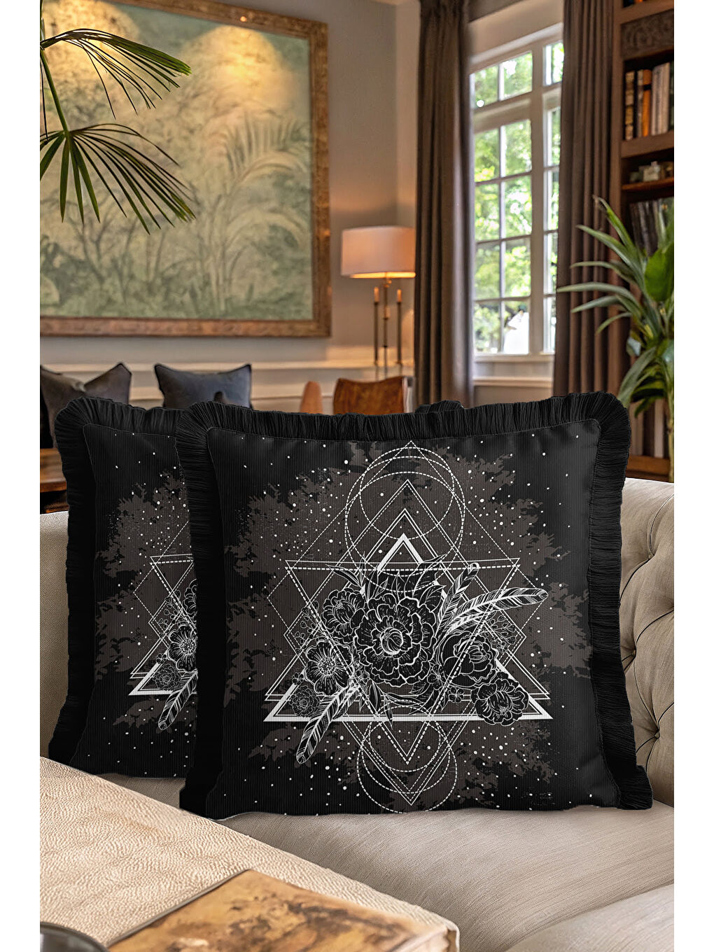 Karışık Geometrik Çizgi Sanatı Saçaklı Yastık Kılıfı - Siyah Bohem Çiçekli Gri Püsküllü Kırlent Kılıfı-7