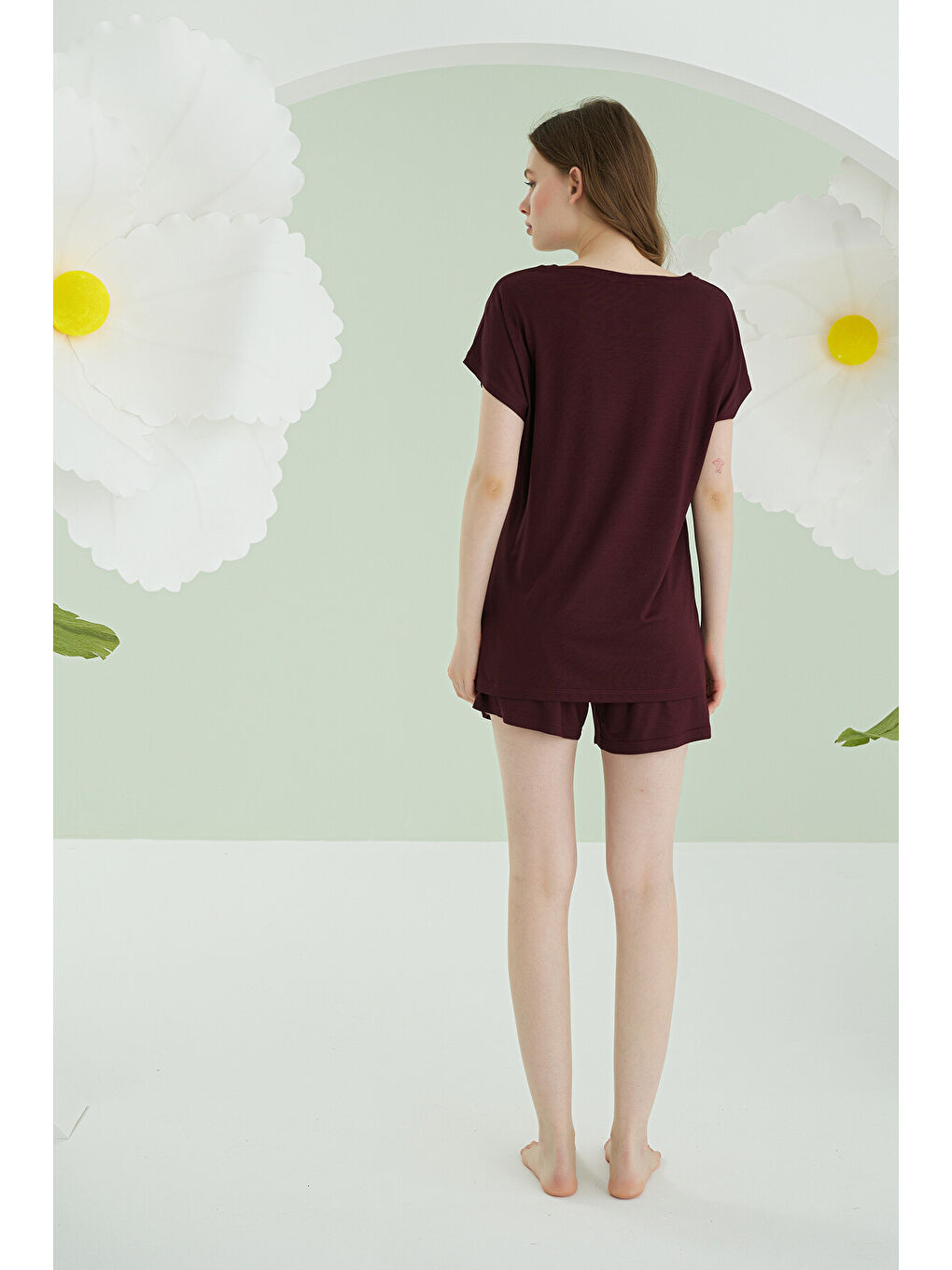 Bordo Aria Viskon Şortlu Pijama Takımı-2