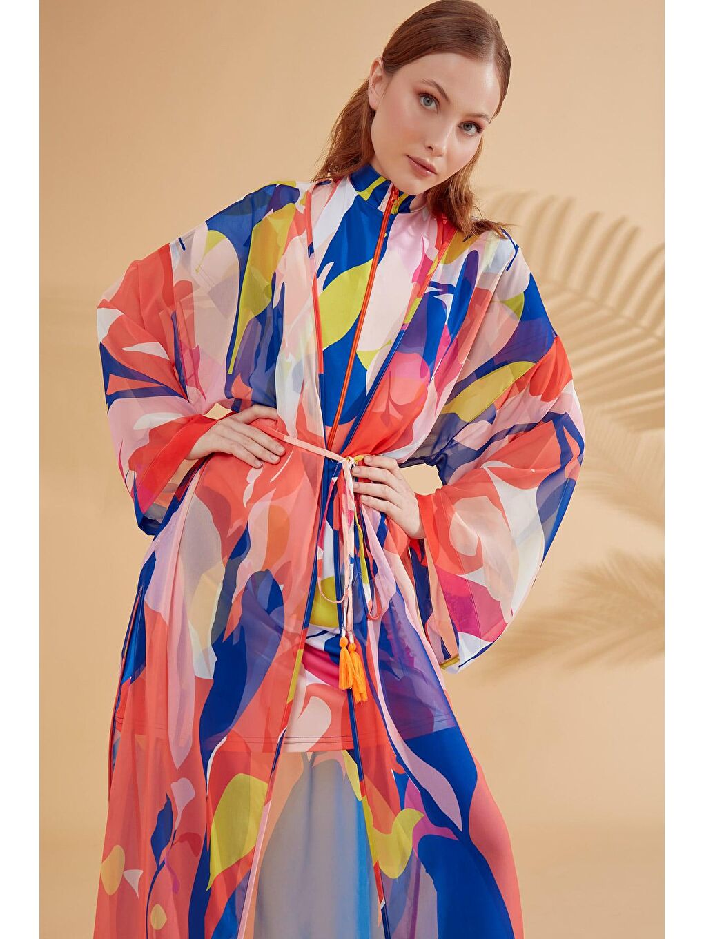 Marina Turuncu Desenli Renkli Kimono Kaftan P2330 - 1