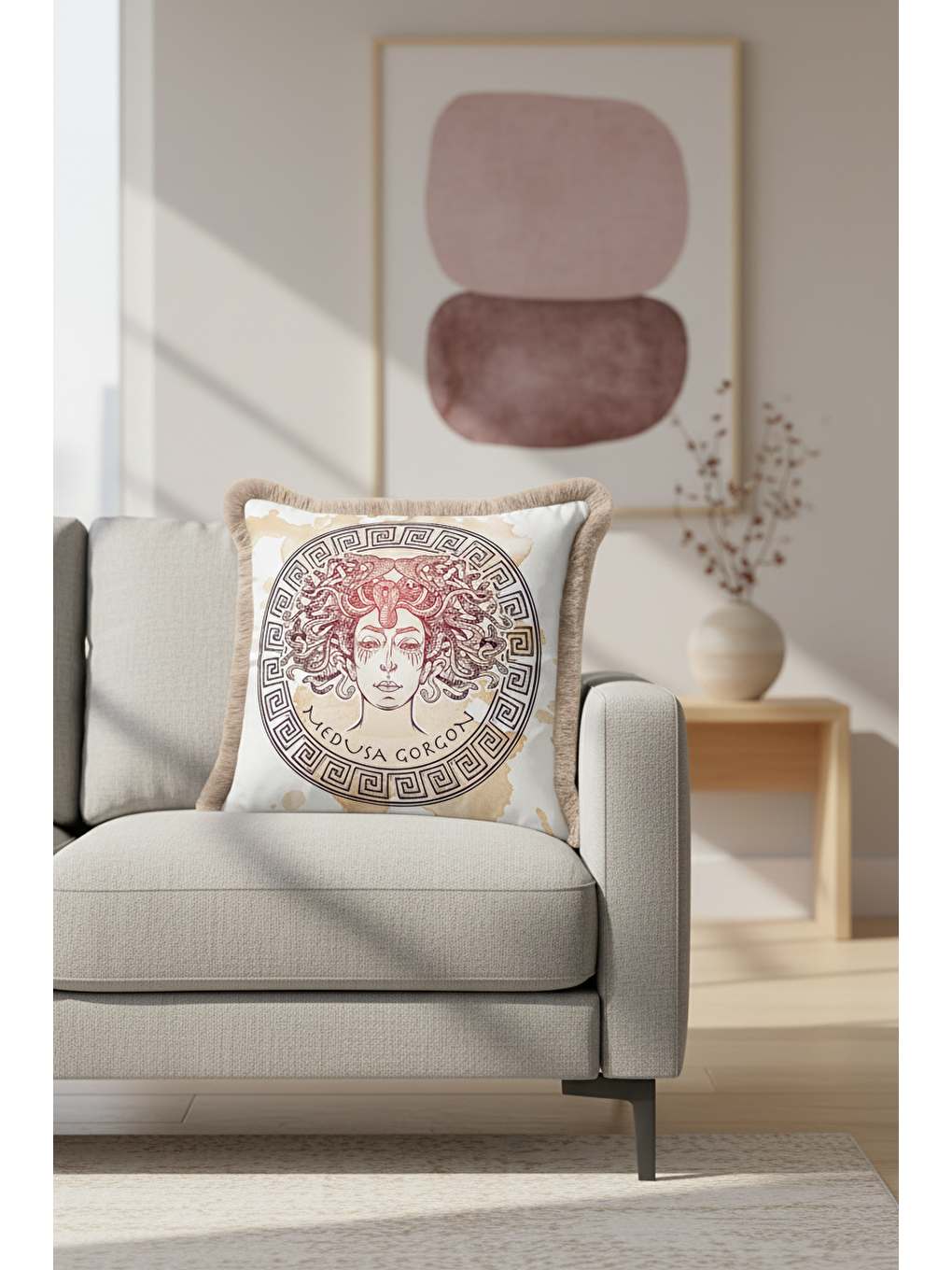 Karışık Mitolojik Medusa Gorgon Saçaklı Yastık Kılıfı - Antik Yunan Bohem Bej Gold Püsküllü Kırlent Kılıfı