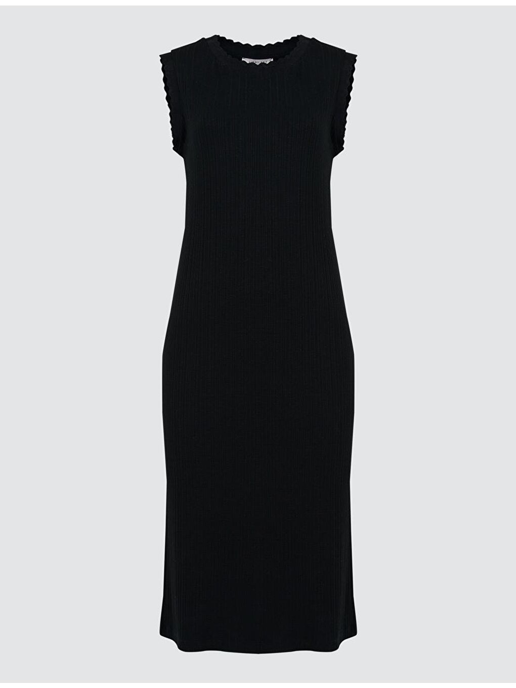 Siyah Yuvarlak Yaka Kolsuz Düz Midi Elbise-5