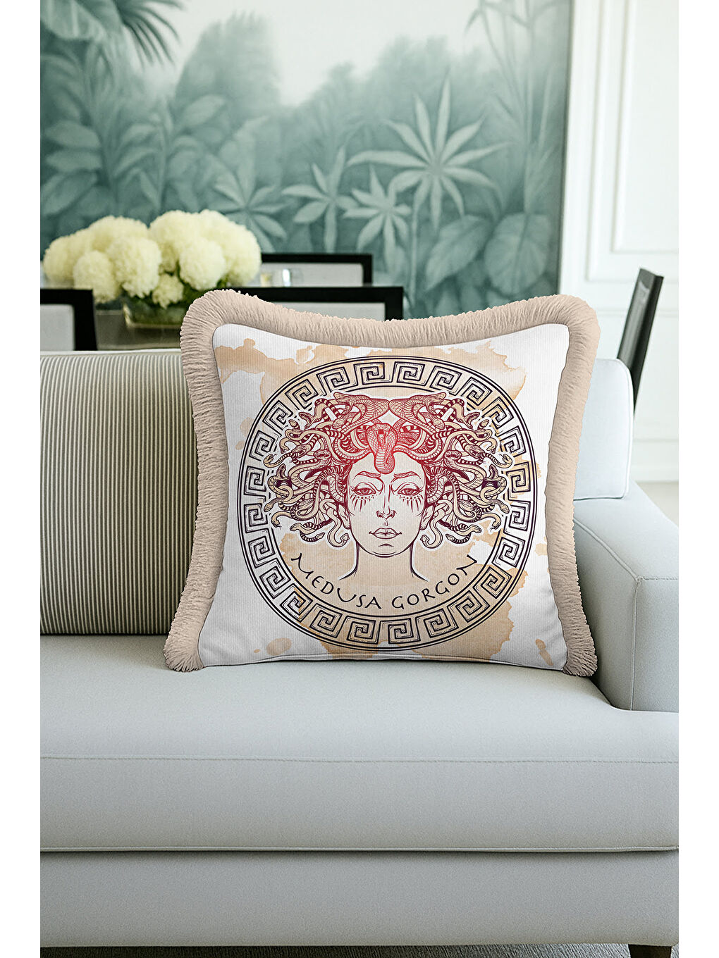 Karışık Mitolojik Medusa Gorgon Saçaklı Yastık Kılıfı - Antik Yunan Bohem Bej Gold Püsküllü Kırlent Kılıfı-2