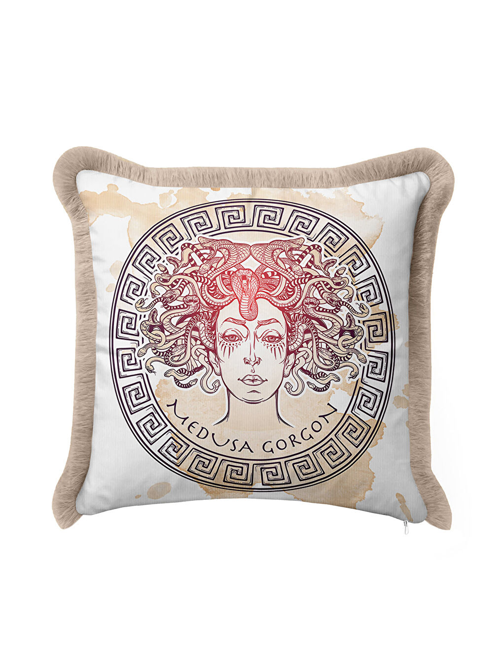 Karışık Mitolojik Medusa Gorgon Saçaklı Yastık Kılıfı - Antik Yunan Bohem Bej Gold Püsküllü Kırlent Kılıfı-3