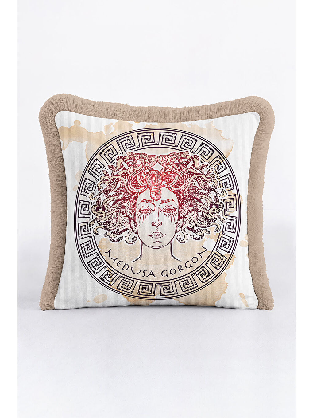 Karışık Mitolojik Medusa Gorgon Saçaklı Yastık Kılıfı - Antik Yunan Bohem Bej Gold Püsküllü Kırlent Kılıfı-4