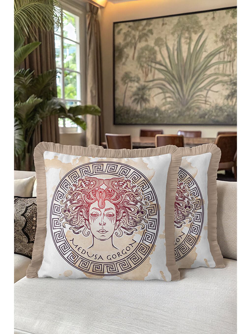 Karışık Mitolojik Medusa Gorgon Saçaklı Yastık Kılıfı - Antik Yunan Bohem Bej Gold Püsküllü Kırlent Kılıfı-5