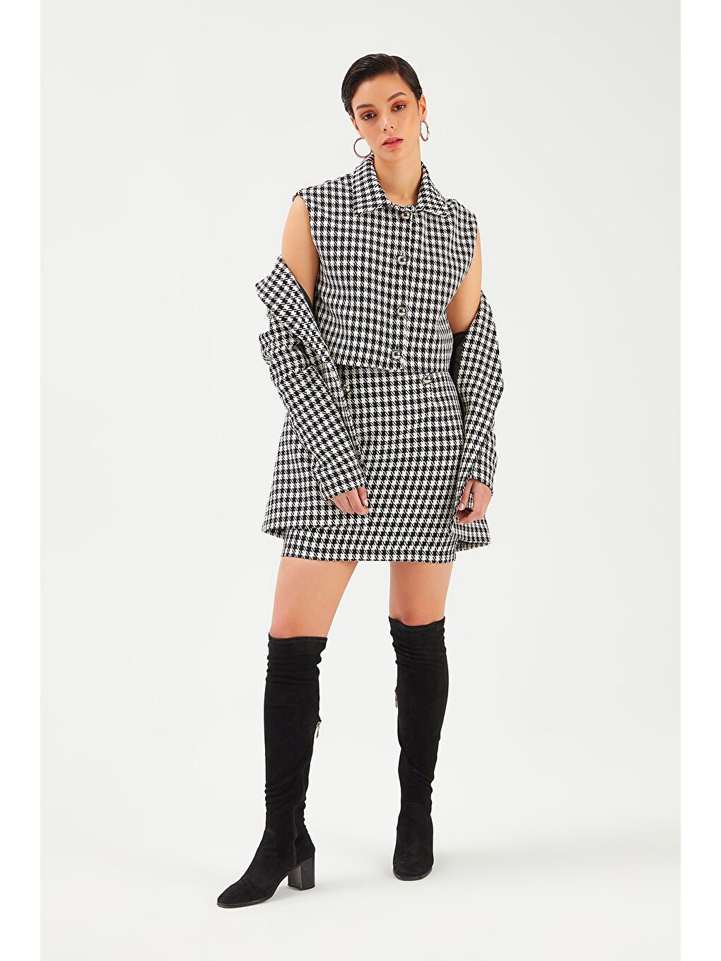 SATEEN Kazayağı Desenli Mini Etek - Siyah - 3