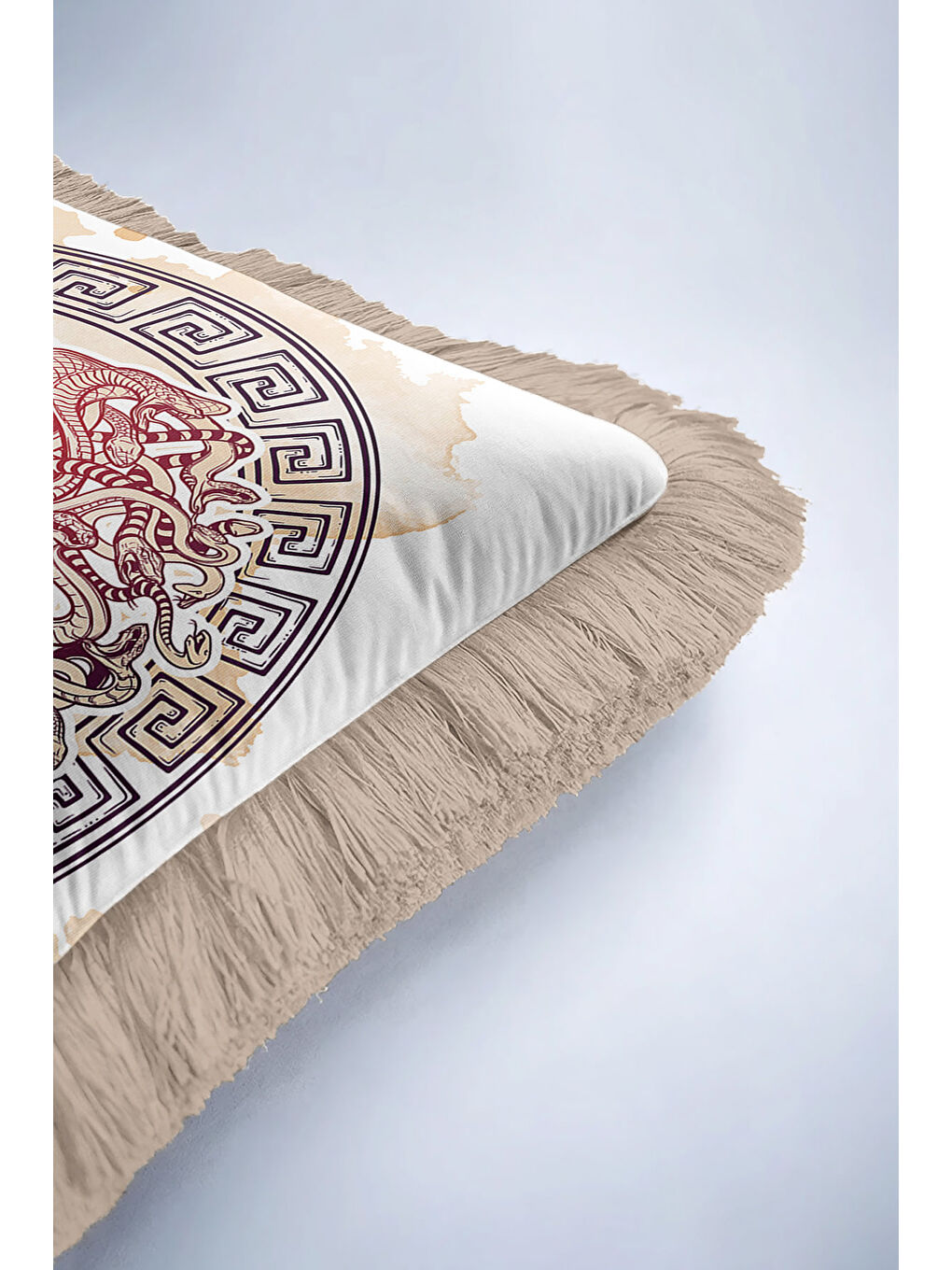 Karışık Mitolojik Medusa Gorgon Saçaklı Yastık Kılıfı - Antik Yunan Bohem Bej Gold Püsküllü Kırlent Kılıfı-6