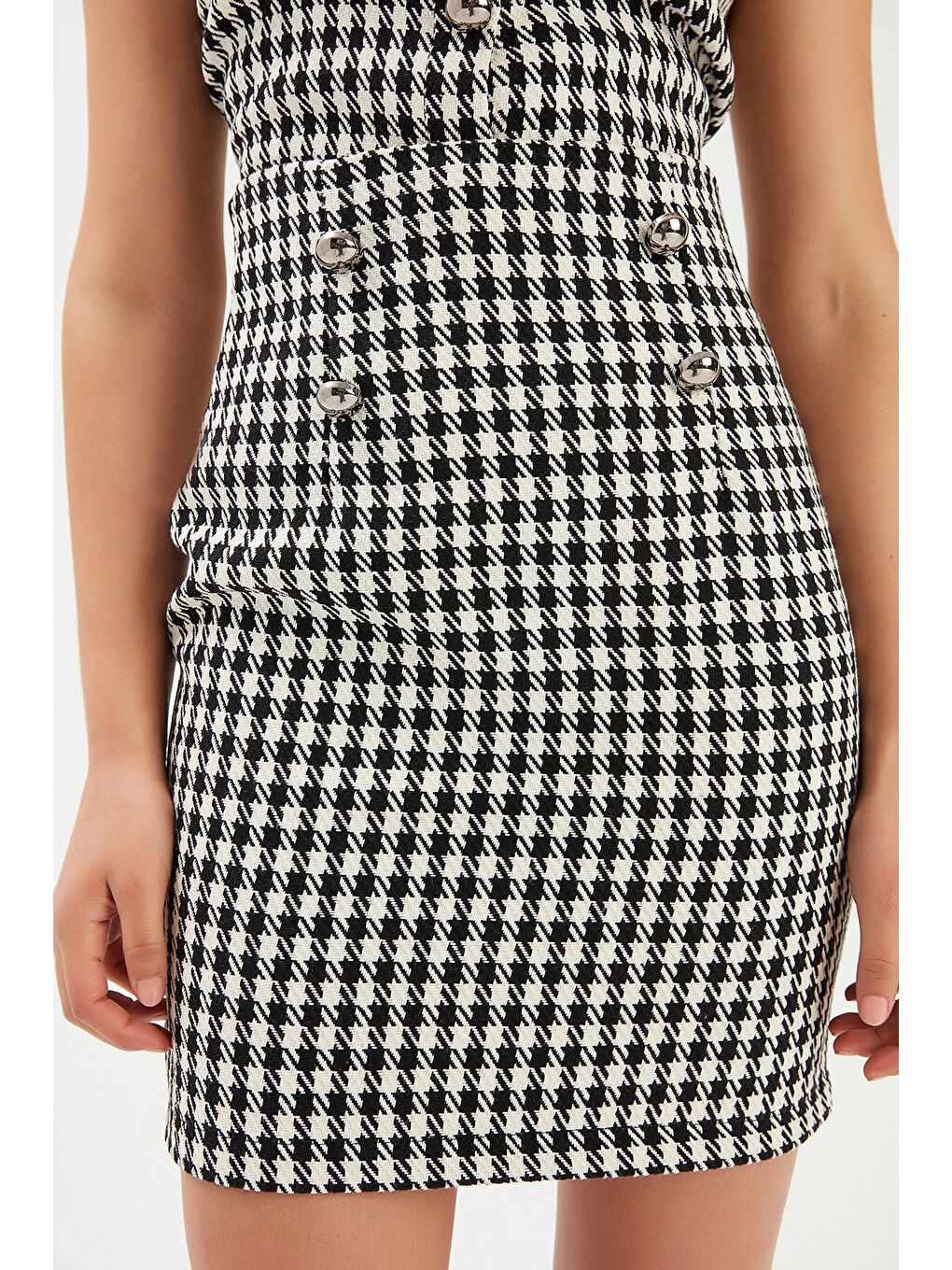 SATEEN Kazayağı Desenli Mini Etek - Siyah - 5
