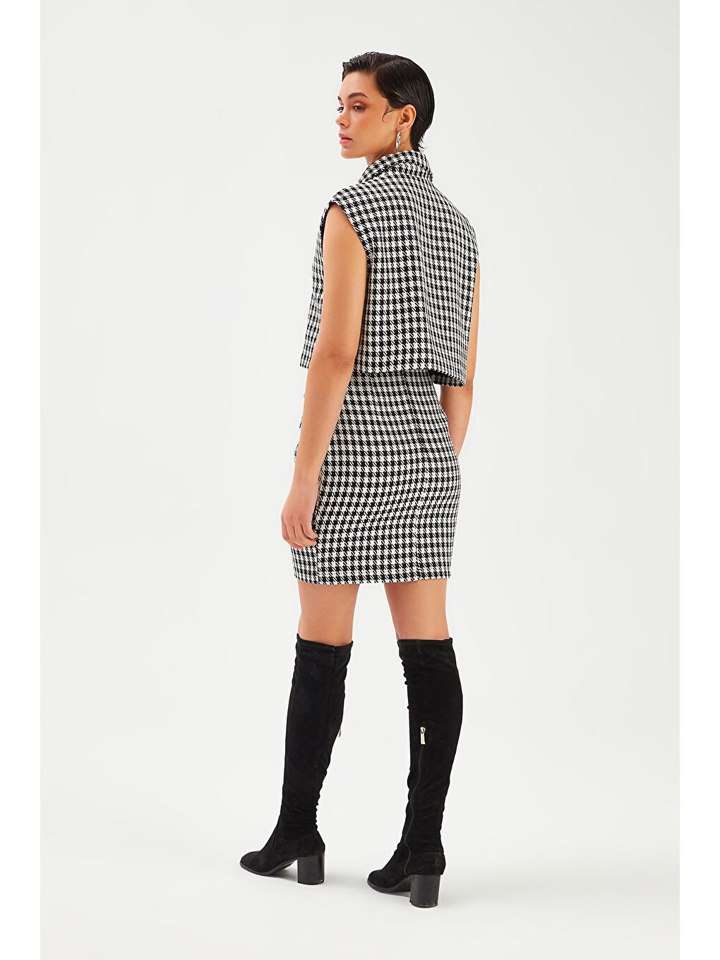 SATEEN Kazayağı Desenli Mini Etek - Siyah - 6