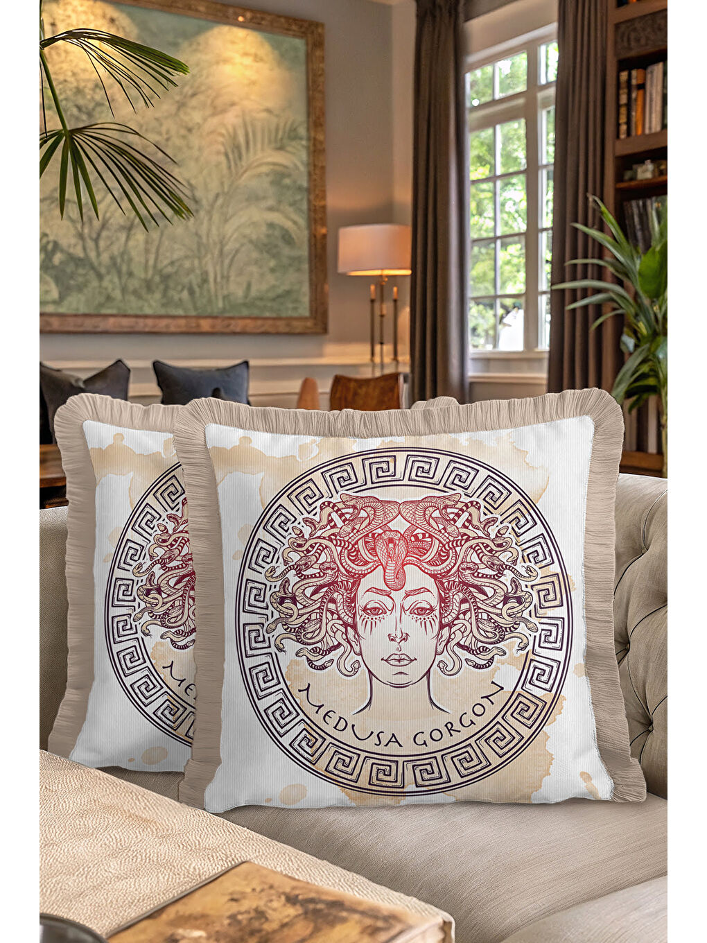 Karışık Mitolojik Medusa Gorgon Saçaklı Yastık Kılıfı - Antik Yunan Bohem Bej Gold Püsküllü Kırlent Kılıfı-7