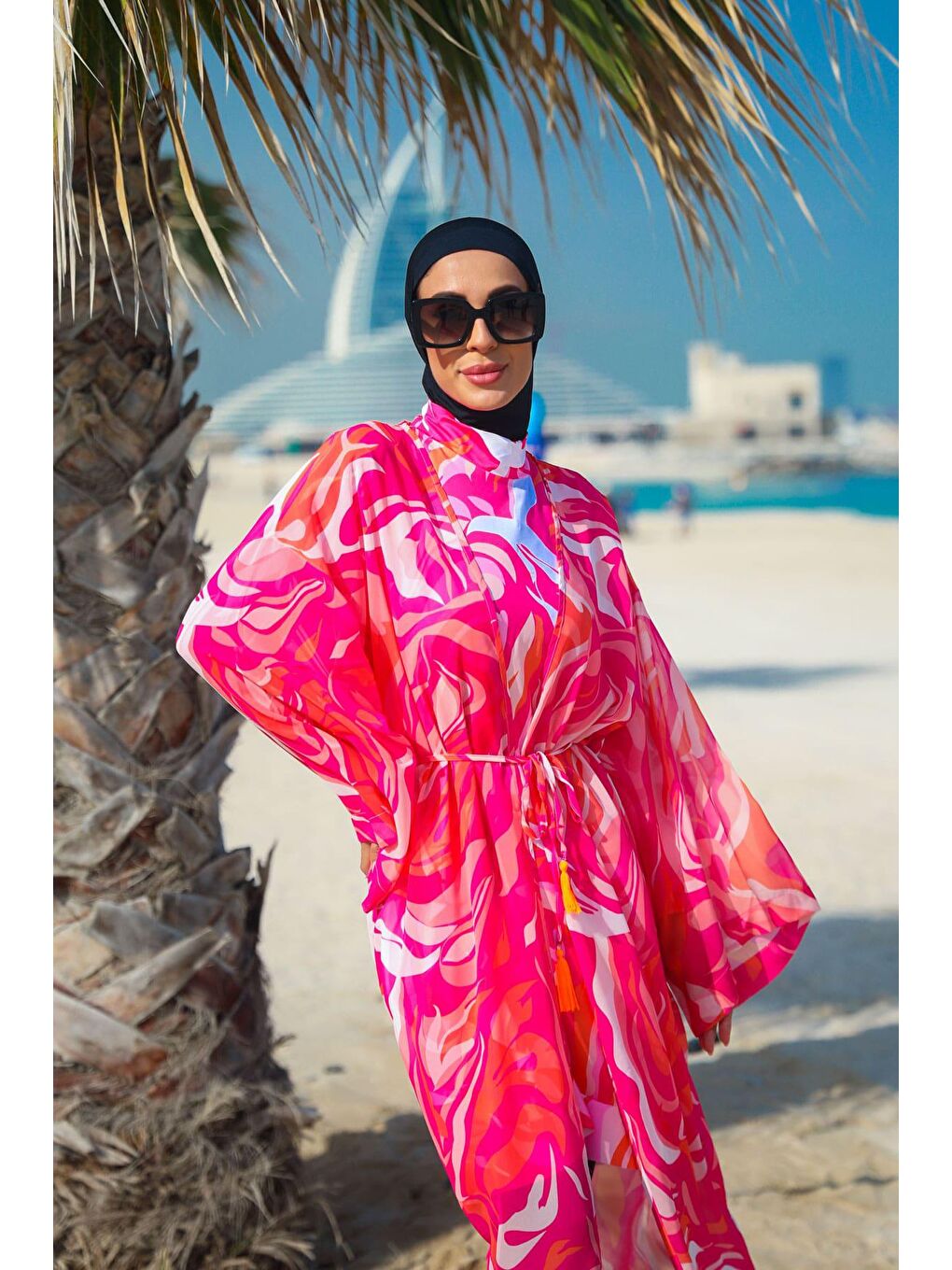 Marina Fuşya Desenli Fuşya Kimono Kaftan P2334