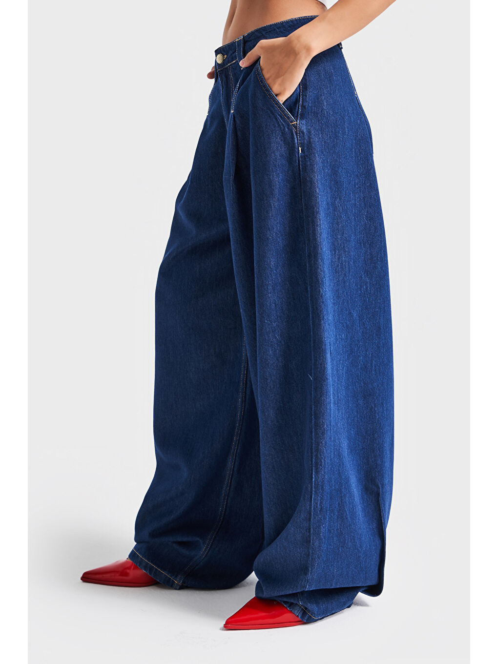 Kadın İndigo Renk 7s5-50 Palazzo Fit Süper Bol Kesim Pileli %100 Pamuk Denim Jean