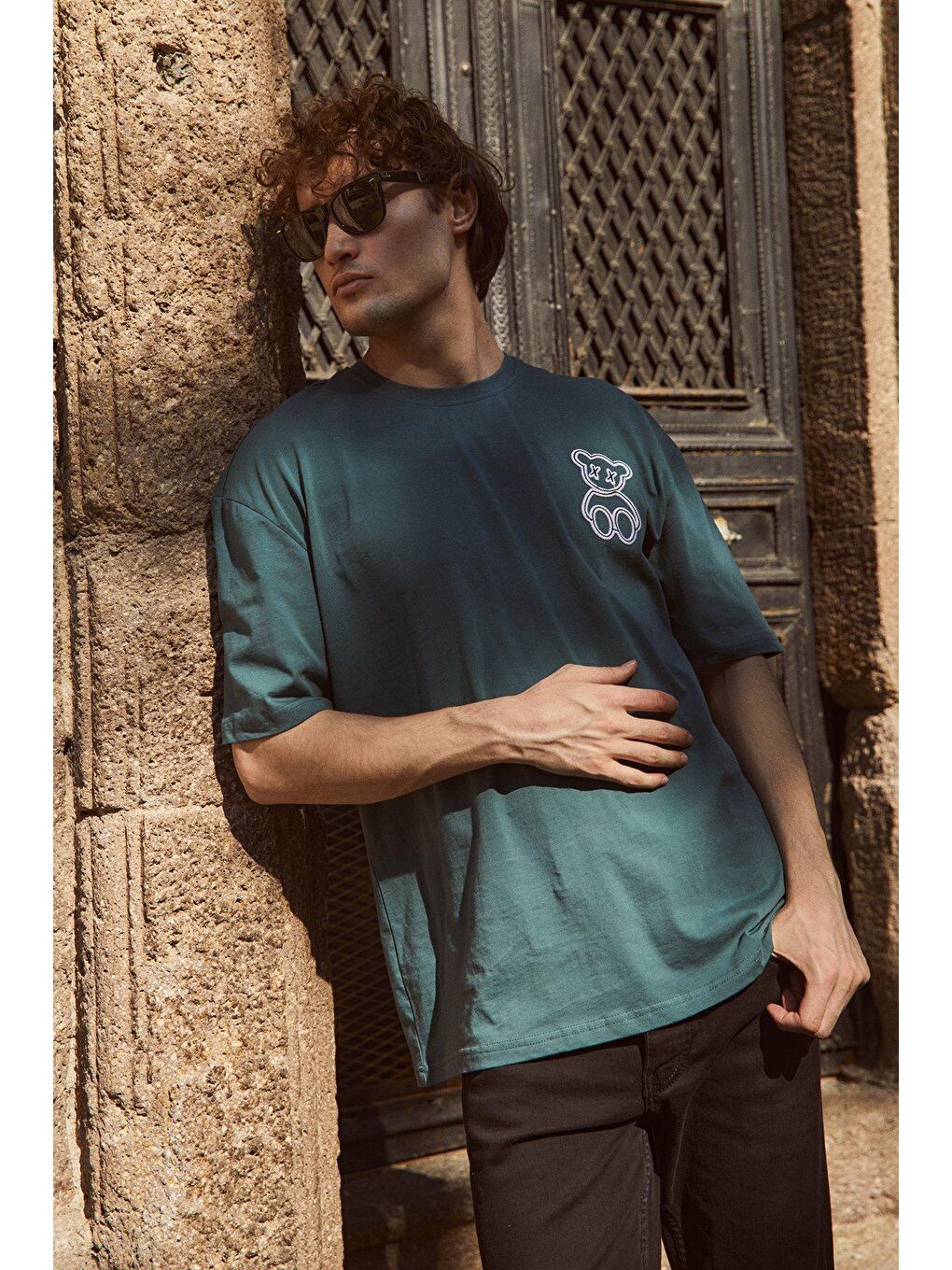 Petrol Baskılı Bisiklet Yaka Oversize Tişört