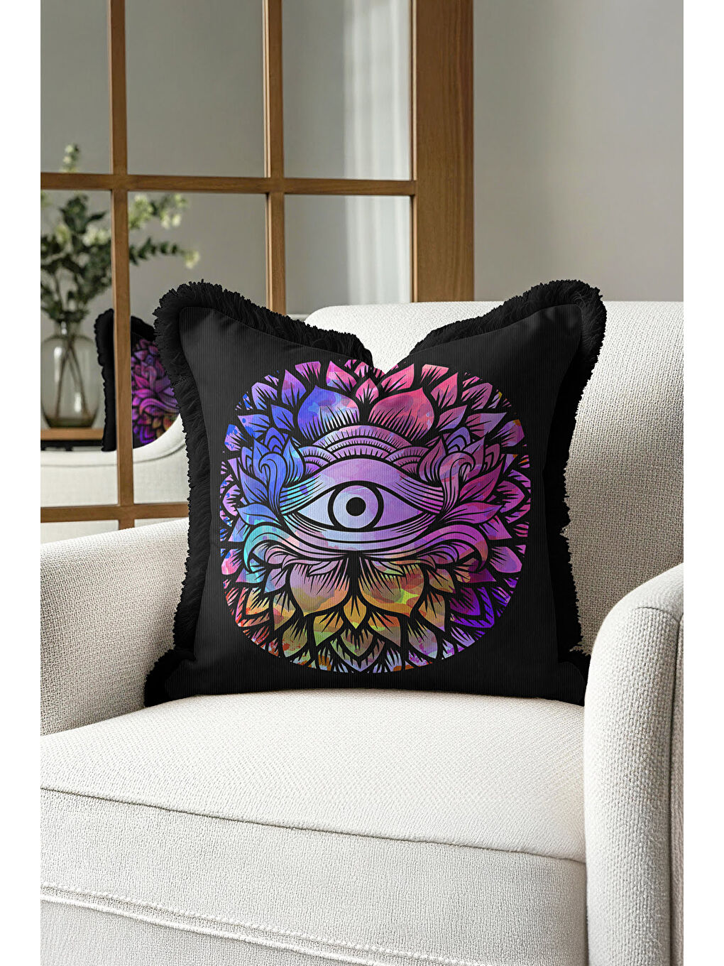 Karışık Göz Motifli Mandala Saçaklı Yastık Kılıfı - Spiritüel Bohem Siyah Renk Püsküllü Kırlent Kılıfı-1