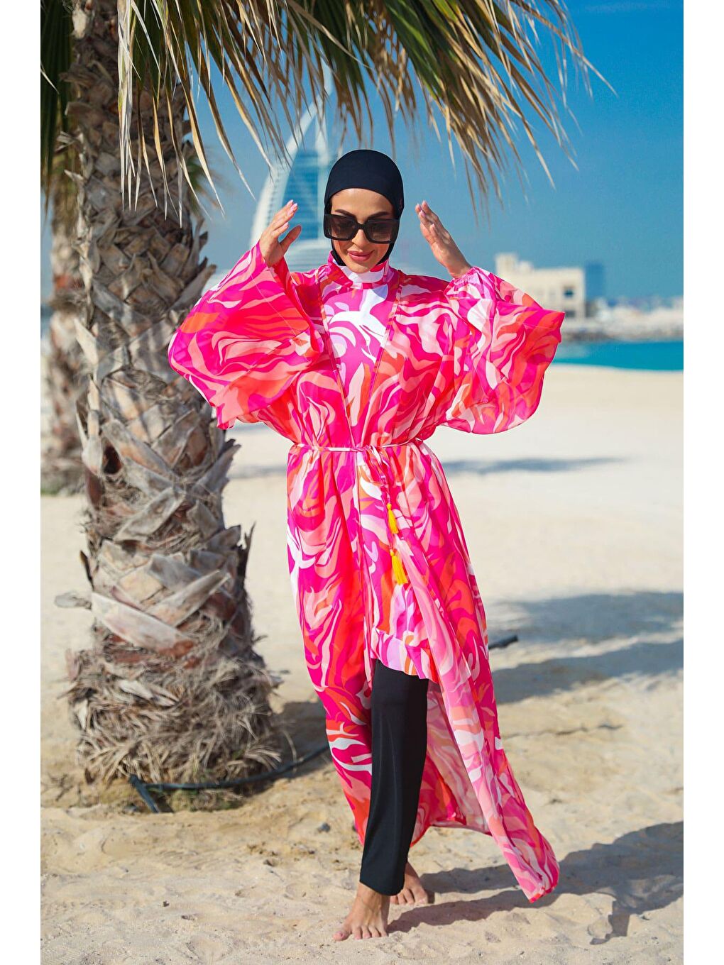 Marina Fuşya Desenli Fuşya Kimono Kaftan P2334 - 1