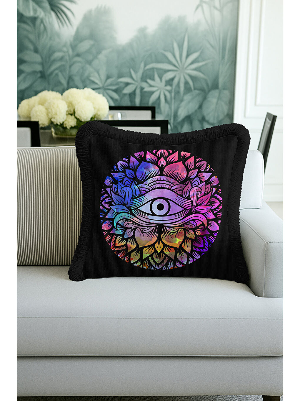 Karışık Göz Motifli Mandala Saçaklı Yastık Kılıfı - Spiritüel Bohem Siyah Renk Püsküllü Kırlent Kılıfı-2