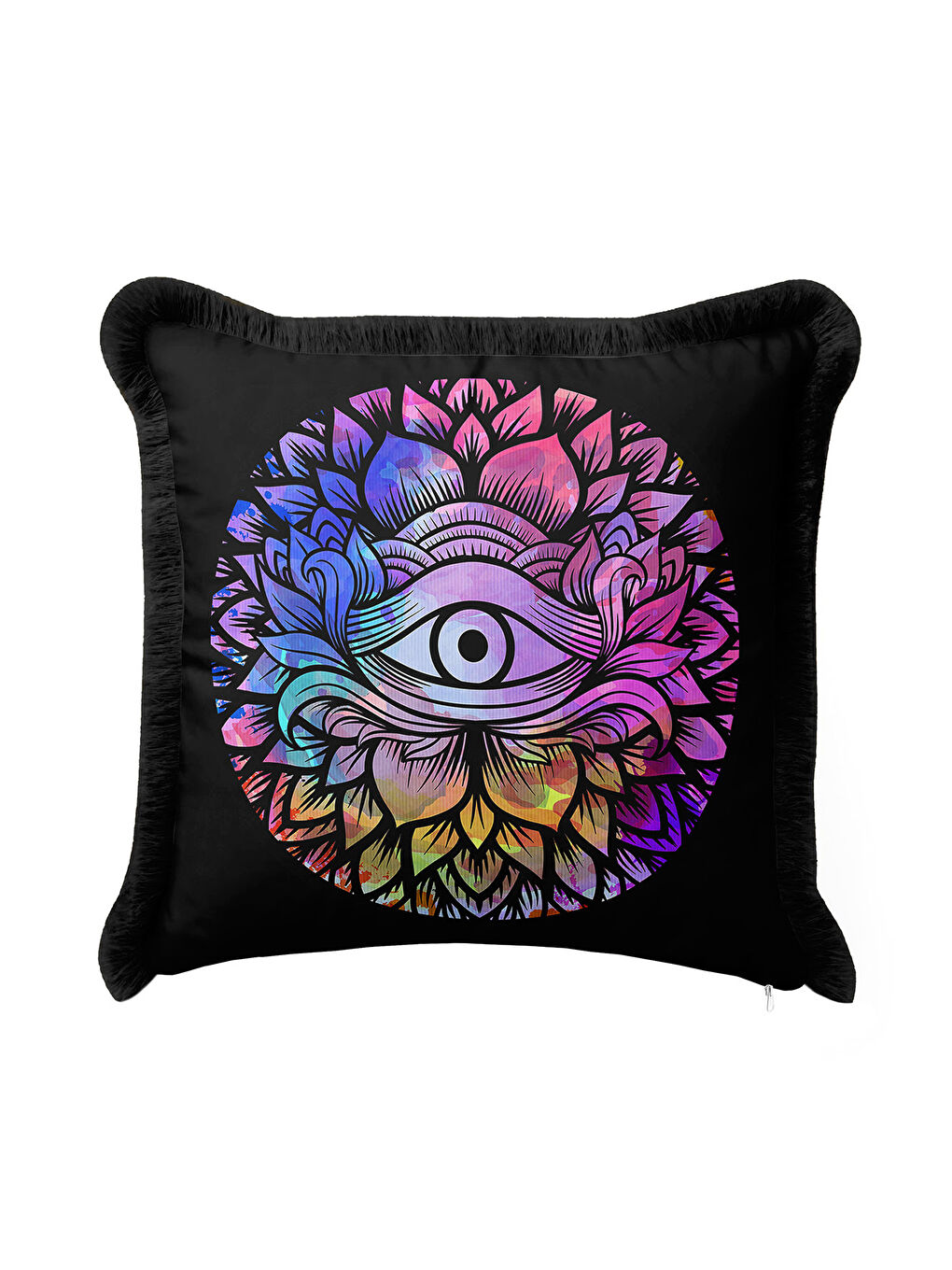 Karışık Göz Motifli Mandala Saçaklı Yastık Kılıfı - Spiritüel Bohem Siyah Renk Püsküllü Kırlent Kılıfı-3