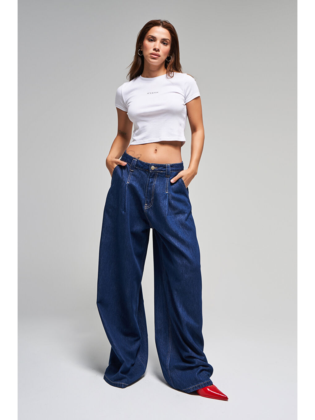 Kadın İndigo Renk 7s5-50 Palazzo Fit Süper Bol Kesim Pileli %100 Pamuk Denim Jean-1