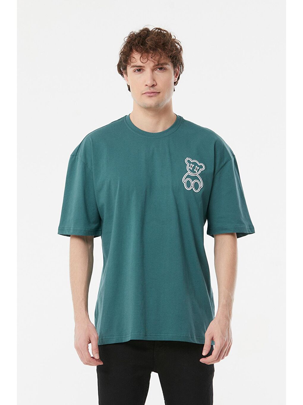 Petrol Baskılı Bisiklet Yaka Oversize Tişört-1