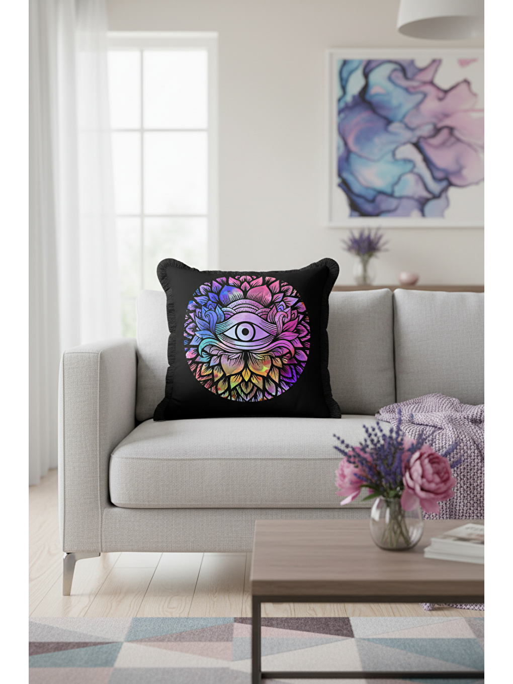 Karışık Göz Motifli Mandala Saçaklı Yastık Kılıfı - Spiritüel Bohem Siyah Renk Püsküllü Kırlent Kılıfı-4