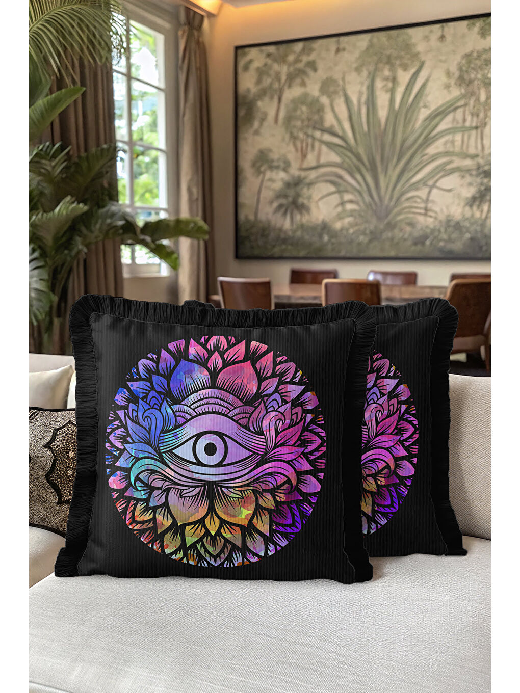 Karışık Göz Motifli Mandala Saçaklı Yastık Kılıfı - Spiritüel Bohem Siyah Renk Püsküllü Kırlent Kılıfı-5
