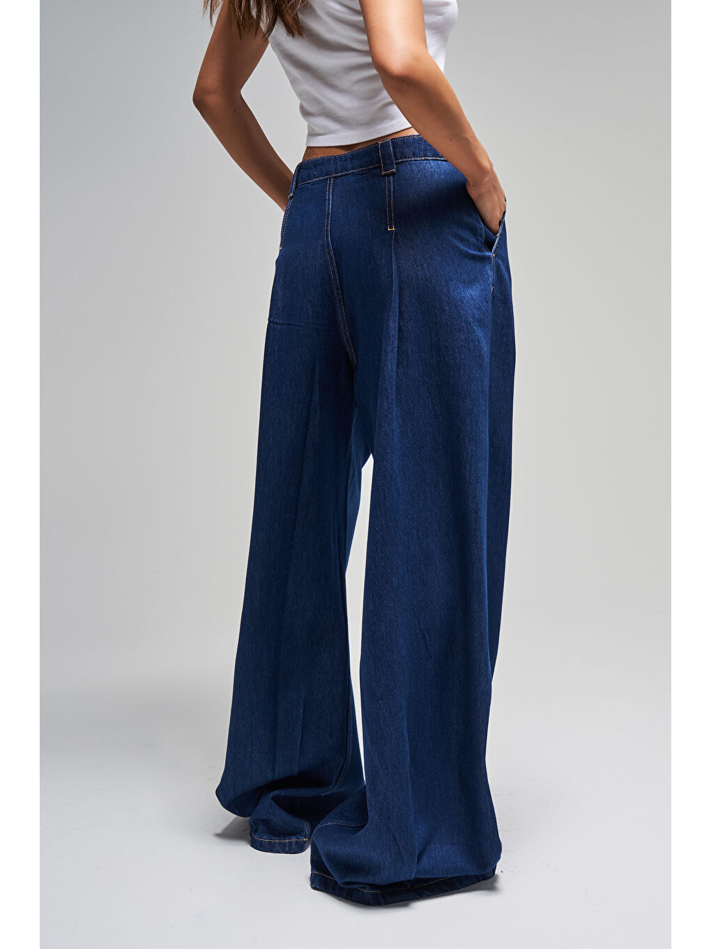 Kadın İndigo Renk 7s5-50 Palazzo Fit Süper Bol Kesim Pileli %100 Pamuk Denim Jean-2