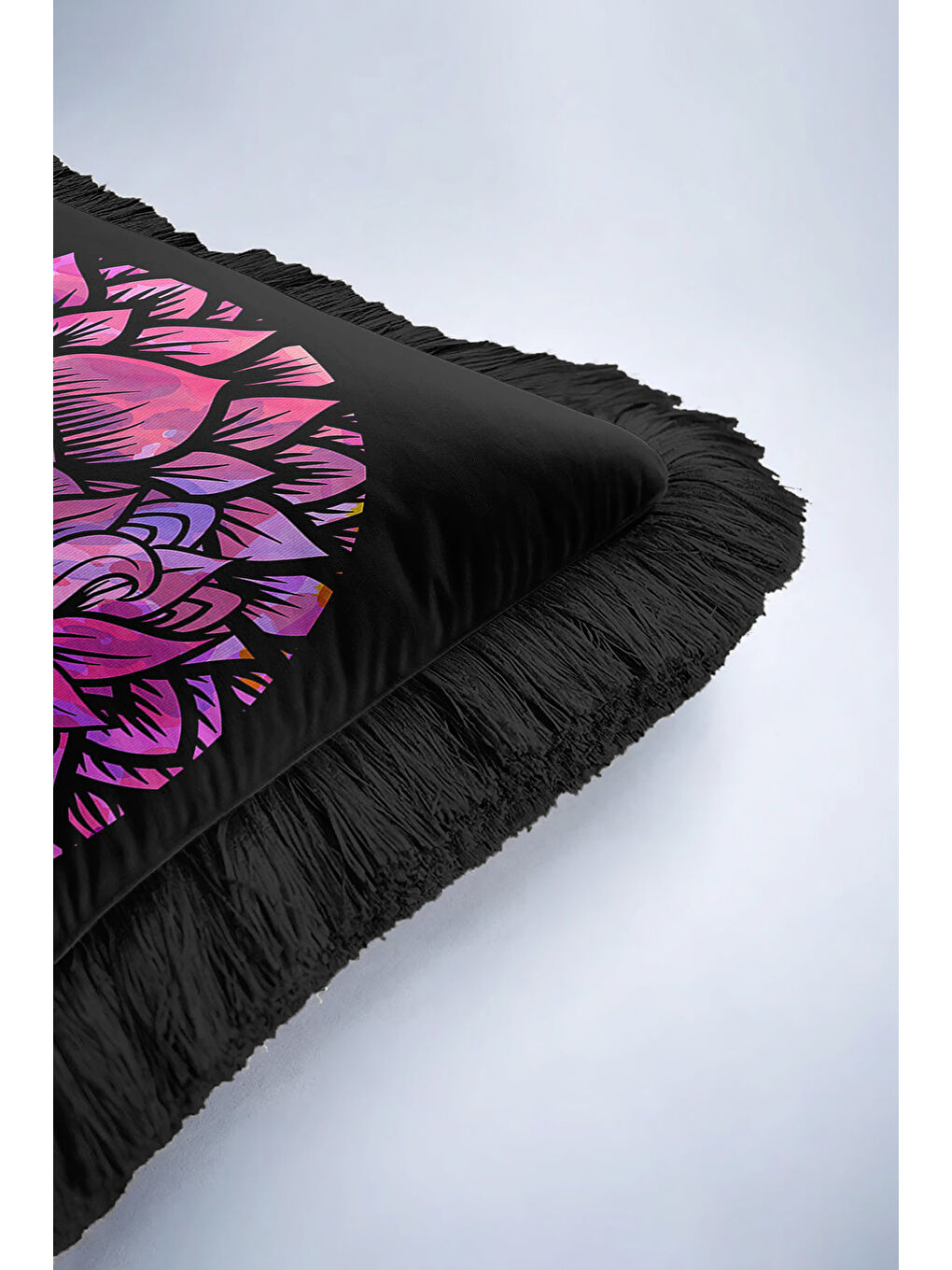 Karışık Göz Motifli Mandala Saçaklı Yastık Kılıfı - Spiritüel Bohem Siyah Renk Püsküllü Kırlent Kılıfı-6