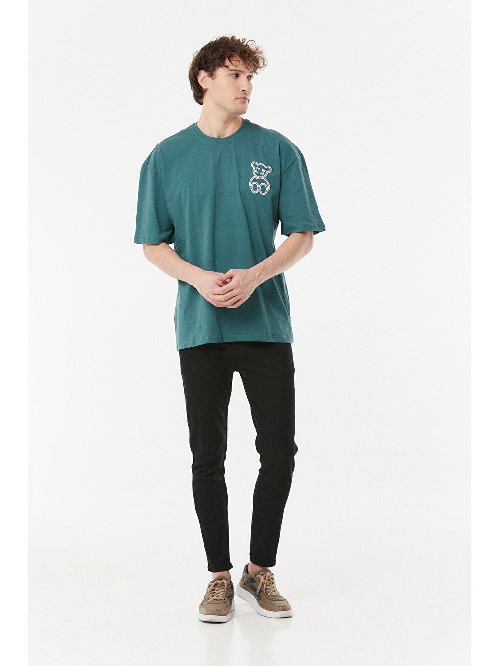 Petrol Baskılı Bisiklet Yaka Oversize Tişört-2