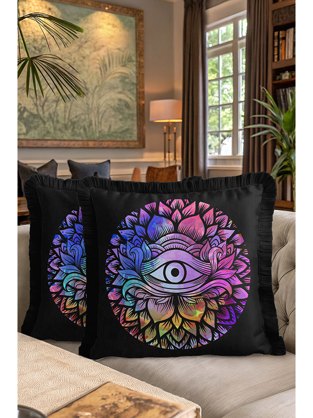 Karışık Göz Motifli Mandala Saçaklı Yastık Kılıfı - Spiritüel Bohem Siyah Renk Püsküllü Kırlent Kılıfı-7