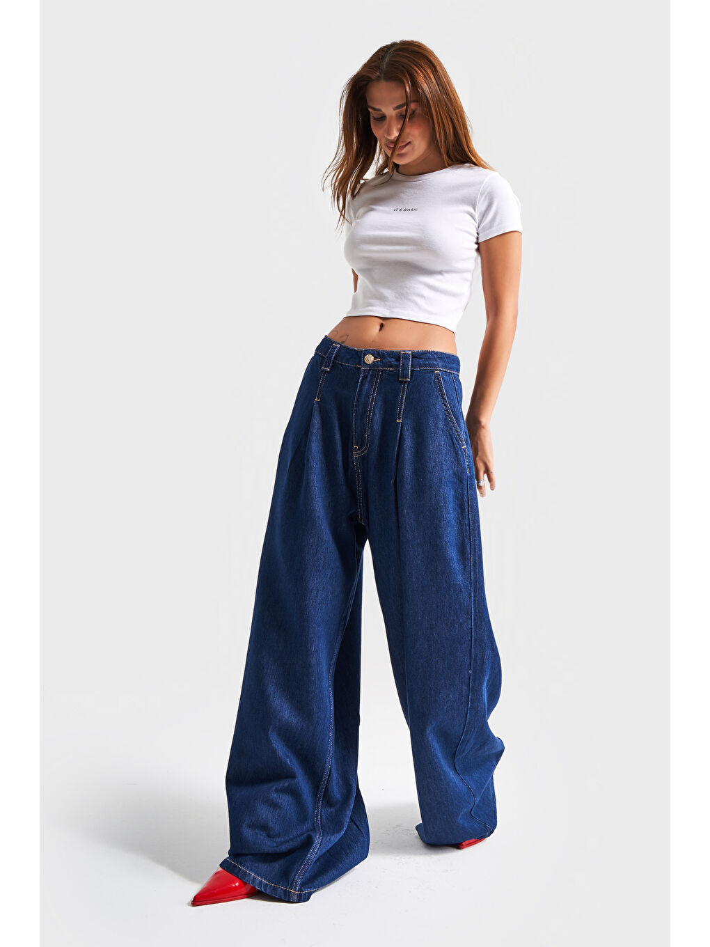 Kadın İndigo Renk 7s5-50 Palazzo Fit Süper Bol Kesim Pileli %100 Pamuk Denim Jean-3