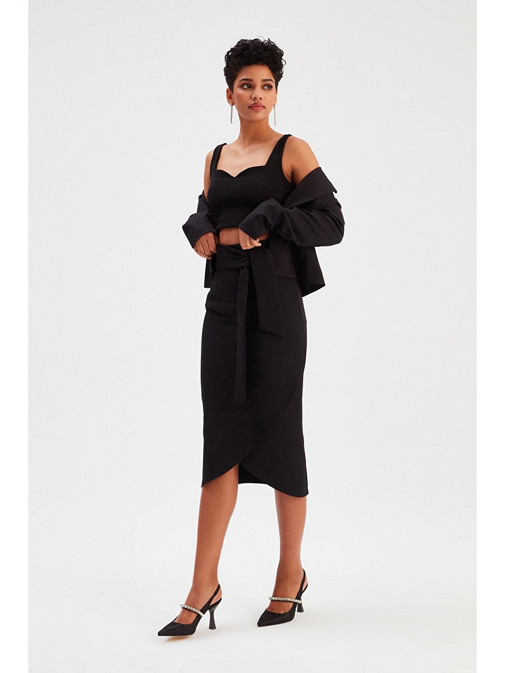 Kuşaklı Kalem Etek - Siyah-1