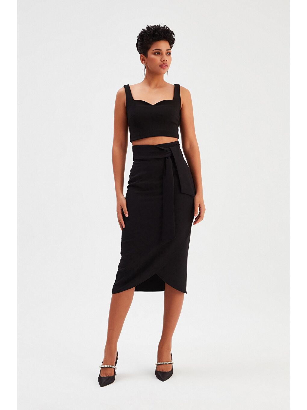 Kuşaklı Kalem Etek - Siyah-2