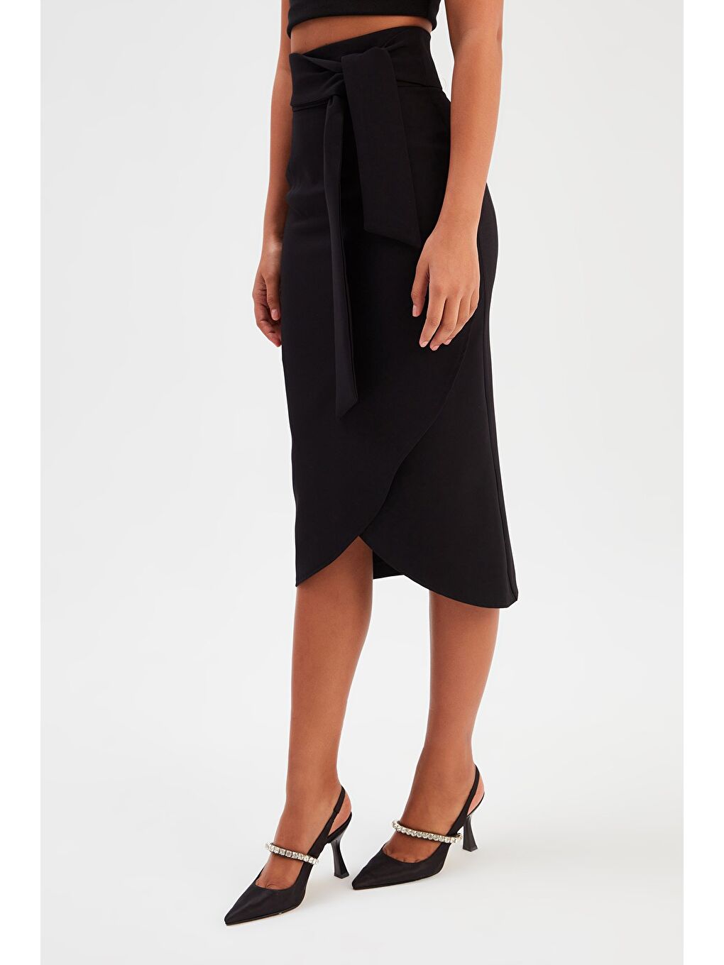 Kuşaklı Kalem Etek - Siyah-3