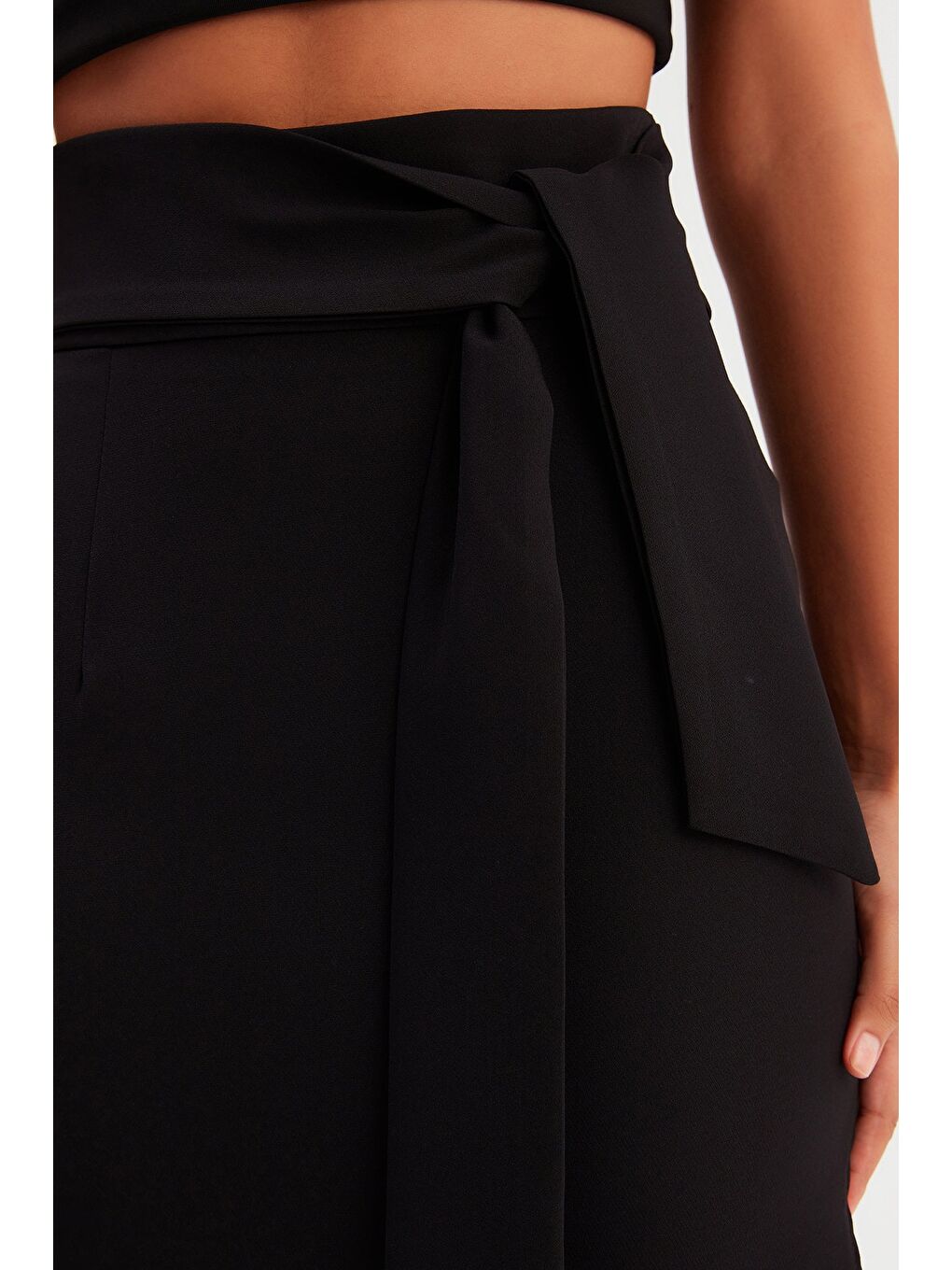 Kuşaklı Kalem Etek - Siyah-4