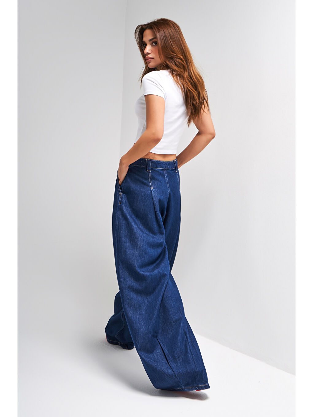 Kadın İndigo Renk 7s5-50 Palazzo Fit Süper Bol Kesim Pileli %100 Pamuk Denim Jean-4