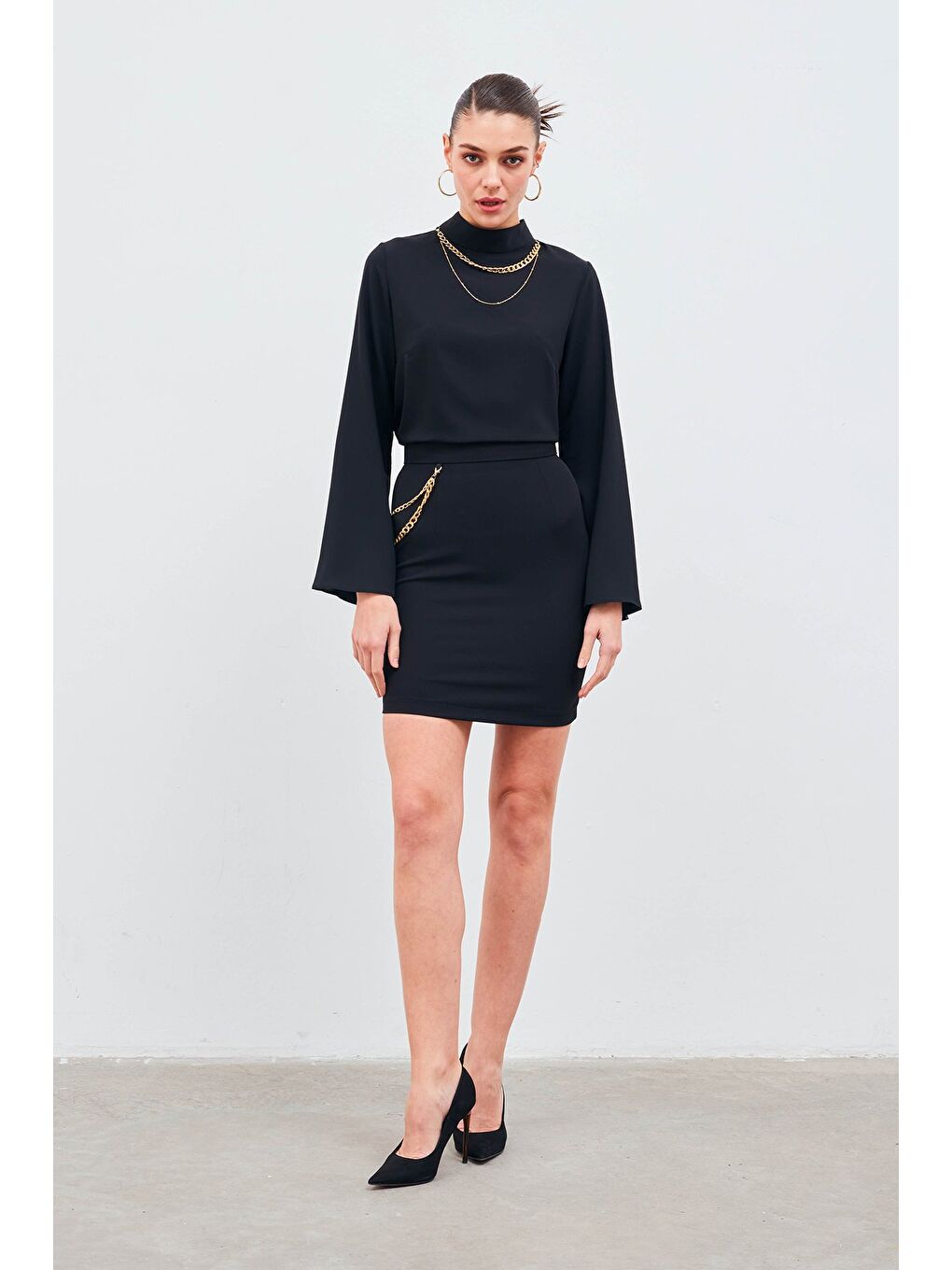 Zincir Aksesuarlı Mini Etek - Siyah-2