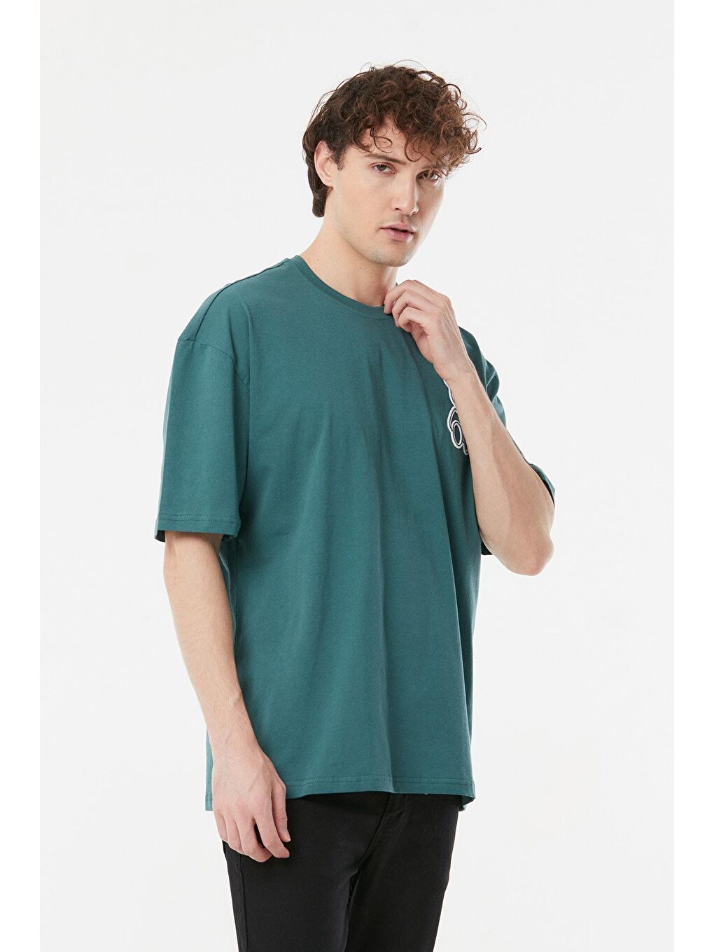 Petrol Baskılı Bisiklet Yaka Oversize Tişört-3