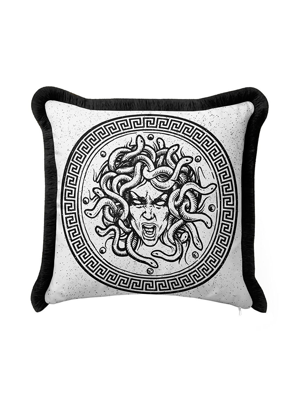 Karışık Mitolojik Medusa Figürlü Saçaklı Yastık Kılıfı - Yunan Esintili Klasik Siyah Püsküllü Kırlent Kılıfı-2
